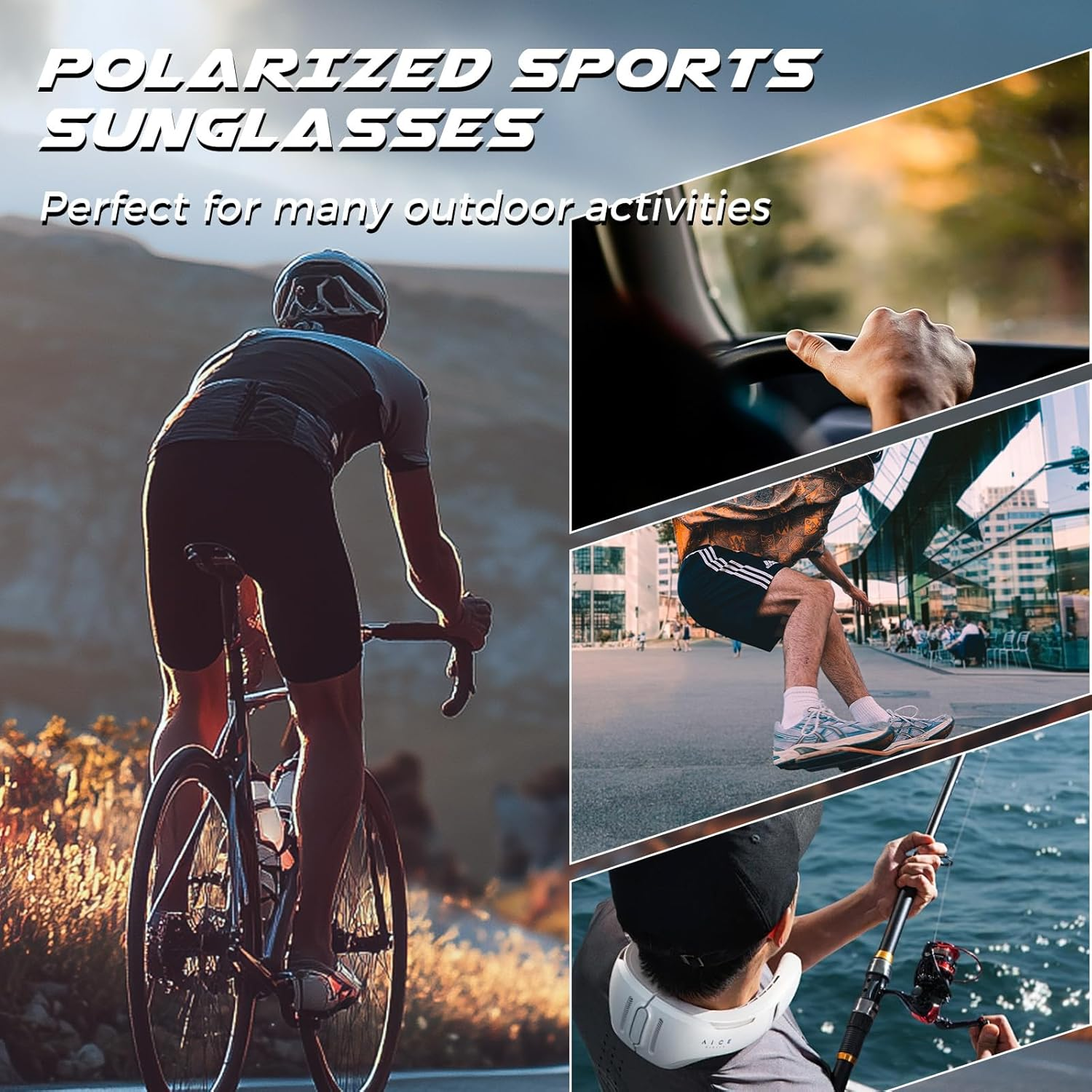 SUNGAIT Wrap around Polarized Sport Sunglasses for Men Womens Lightweight Rectangle Cycling Running - Bright Black Frame / Grey Lens image number 4