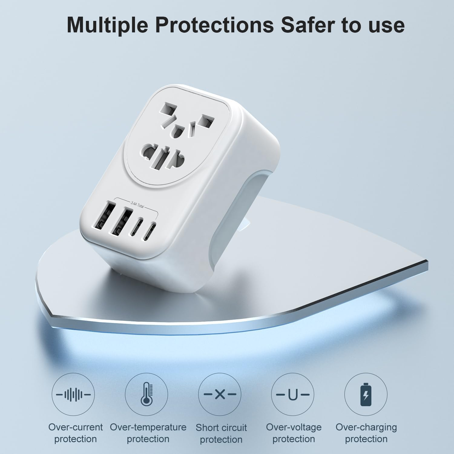 UK/US/JP/CA/EU to AU/NZ Adaptor Plug with Insulated Pins, Universal Plug Convert to 3-Pin Australian/New Zealand/China Socket with 2USB-A and 2USB-C Multi-Port Travel Power Adapter image number 5