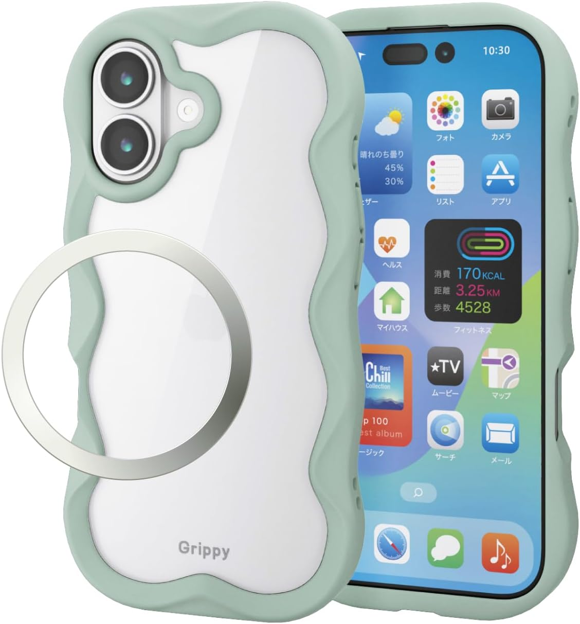 Elecom PM-A25AFCWAVEGN Iphone 17 Case Cover, Clear, Wavy Shape, Fits in the Hand, Shock Absorption, Hybrid TPU with Strap Hole, Camera Protection, Metal Sticker Included, Strap Sheet Included, Green