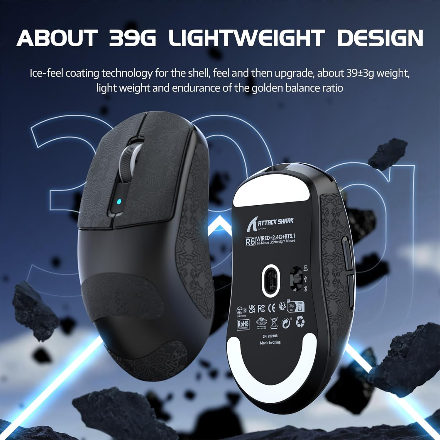 Attack Shark R6 Lightweight Wireless Gaming Mouse,Paw 3950Max Sensor Computer Mouse with Nordic 52480,8Khz Polling,42K Dpl, Optaicl Switch,Usb-C Charging,7 Programmable Buttons(Black & Sticker) - Black Mouse  Sticker image number 6