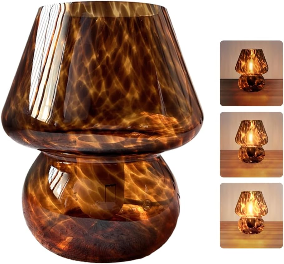 Clora Mushroom Lamp Glass Table Bedside Lamps Translucent Vintage Style Striped Night Light Home Decor (Amber-A) image number 1