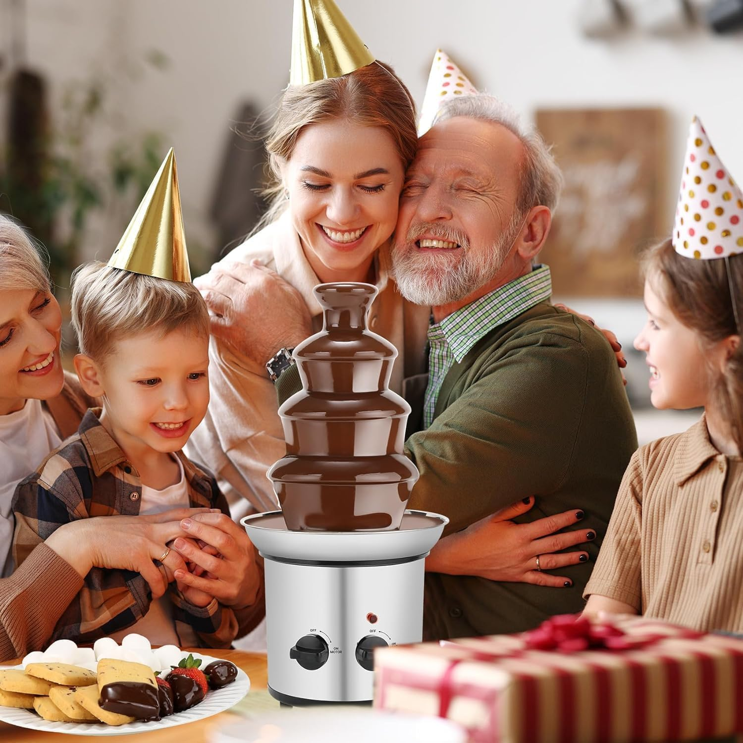 Large Size Stainless Steel Chocolate Fountain Fondue Set Electric 4-Tier Machine with Hot Melting Pot Base 1800Ml Capacity, for Birthday Party, Family Gathering, Brown image number 4