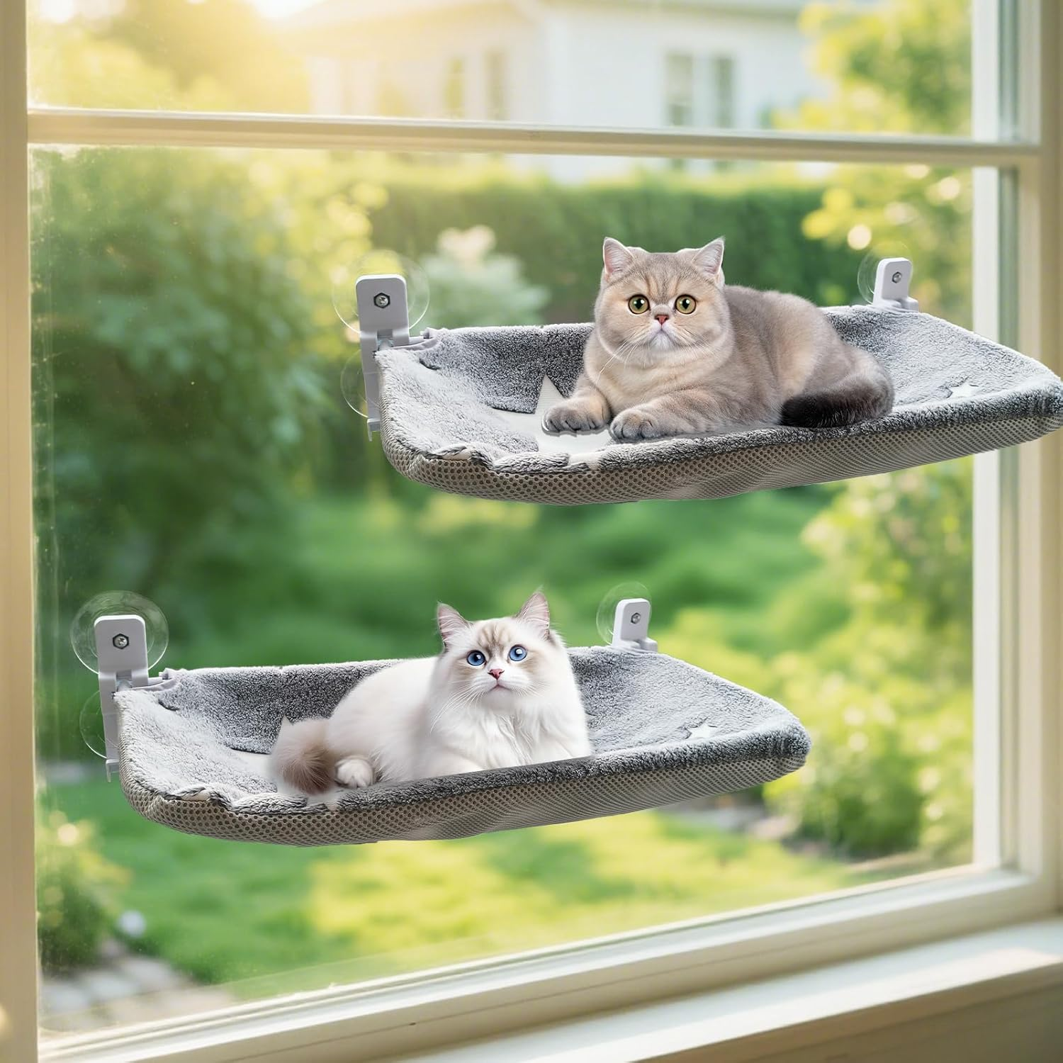 Homegroove 2 Pack Cat Window Perch, 24 X 12 Inch Foldable Cat Hammock for Window with Sturdy Metal Frame, Cordless Window Bed for Resting Seat for Indoor Cats (Grey-With Star Pattern, 60 X 30 CM)