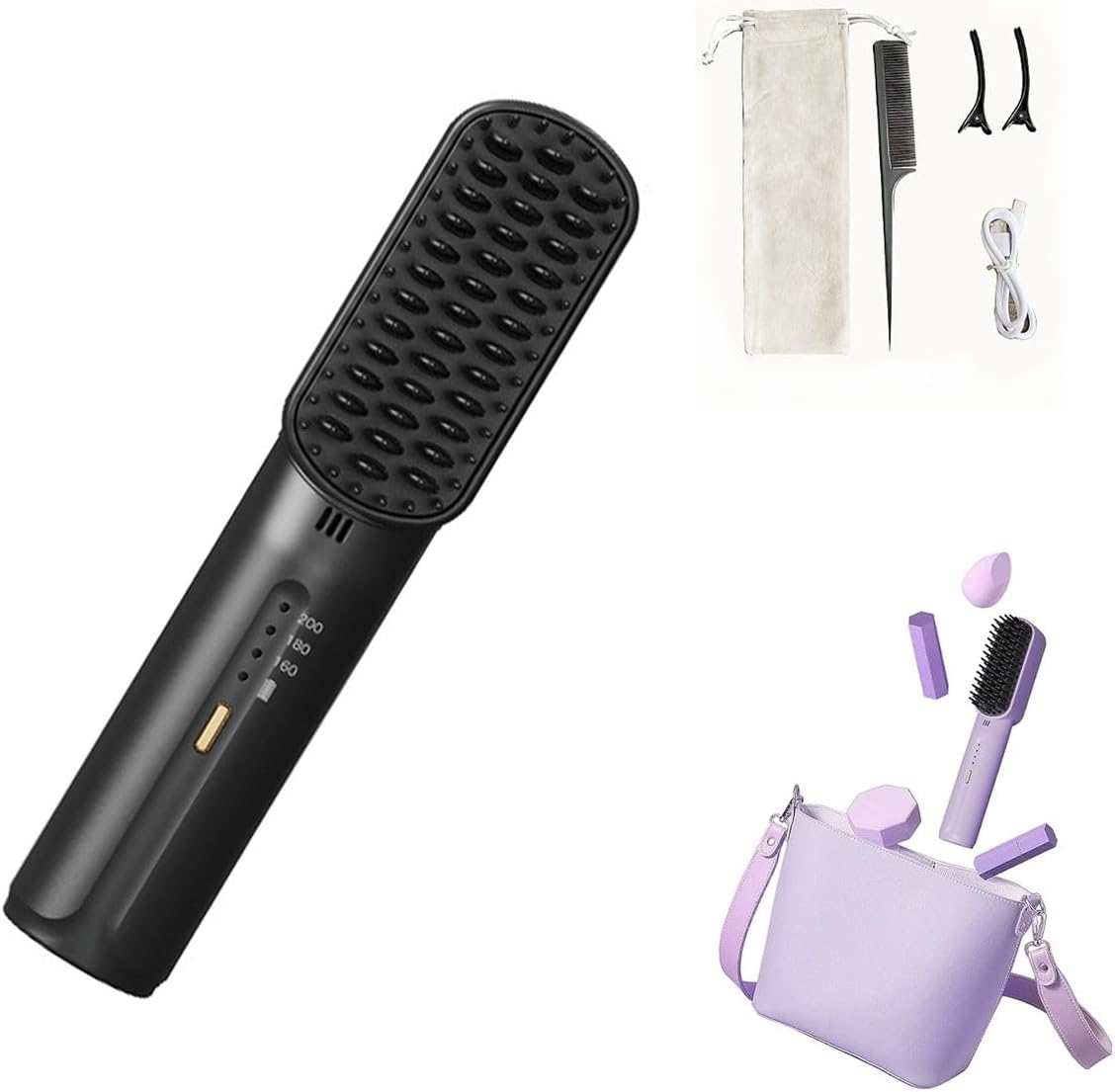 Portable Cordless Mini Hair Straightening Comb,Rechargeable Mini Hair Straightener, Negative Ions Do Not Hurt Hair,3-Speed Adjustment Temperature Usb,Light Weight Hot Comb Hair Straightener (Black) image number 2