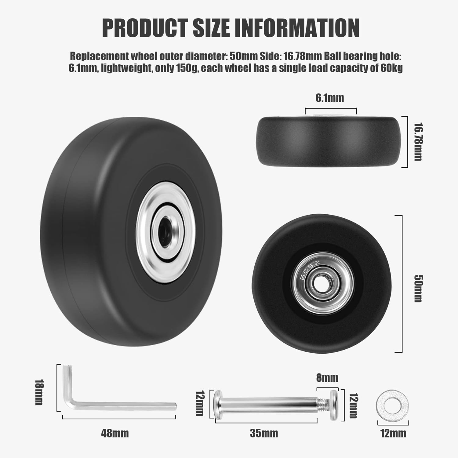 2 Sets of Luggage Suitcase Replacement Wheels Axles Deluxe Repair Tool OD 50Mm image number 6