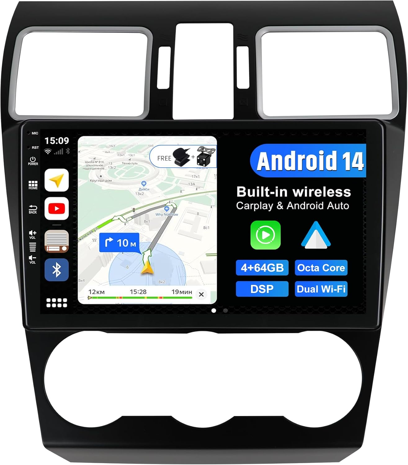 Android 14 IPS Car Stereo for Subaru Forester/Xv/Wrx (2015-2017) - Wireless Carplay/Android Auto - 4G+64G - Camera + MIC - 9 Inch 2 Din - 8-Core - Steering Wheel DAB Fast-Boot 360-CAM Wifi image number 2