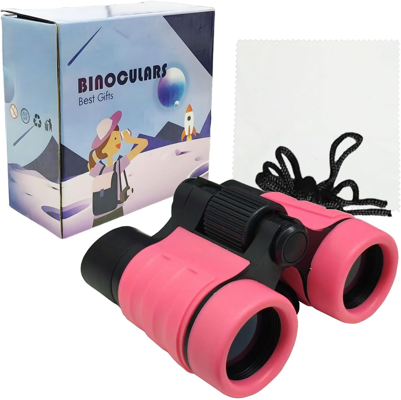 Kids Binoculars for Bird Watching, 4X30 Lightweight Adjustable Binocular for Children, Child Binoculars with Neck Strap, Shockproof Rubber Eyepieces - Boys & Girls (Pink)