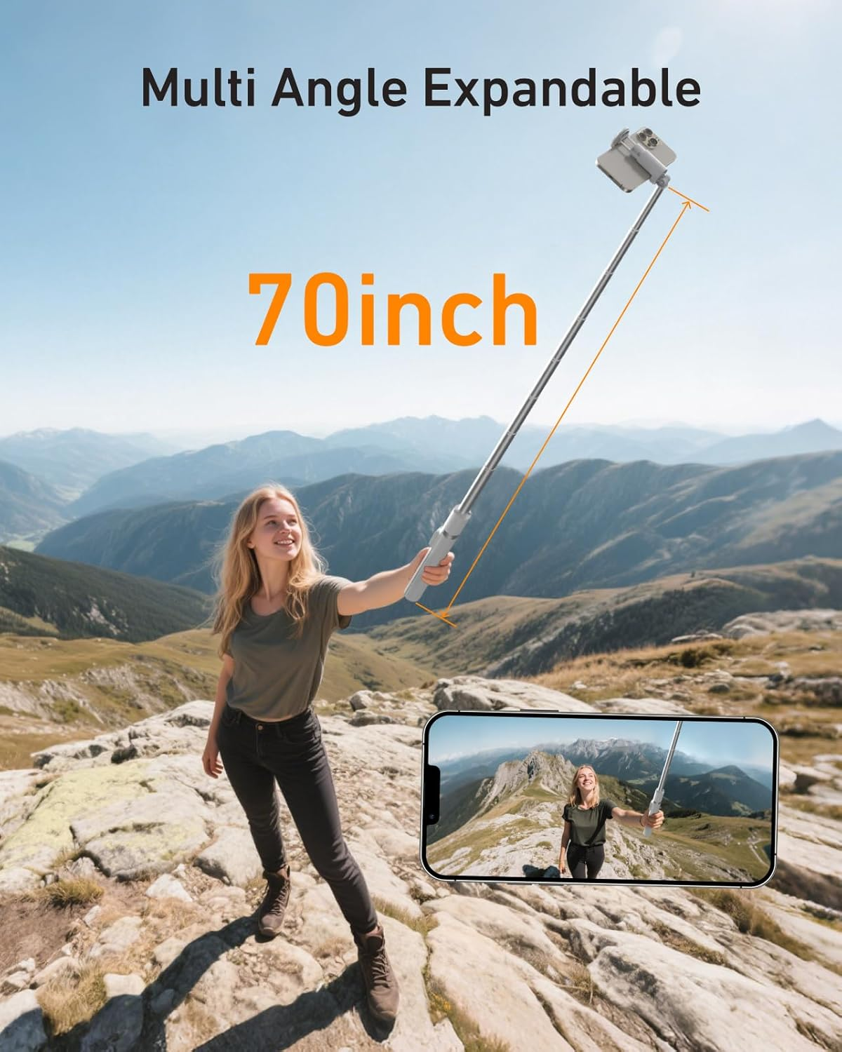 TELESIN 70" Phone Tripod Stand, Gravity-Activated Auto-Open Selfie Stick, Extendable Cell Phone Stand with Magnetic Bluetooth Remote, 360&deg; Adjustable Travel Phone Tripod for Iphone/Android image number 3