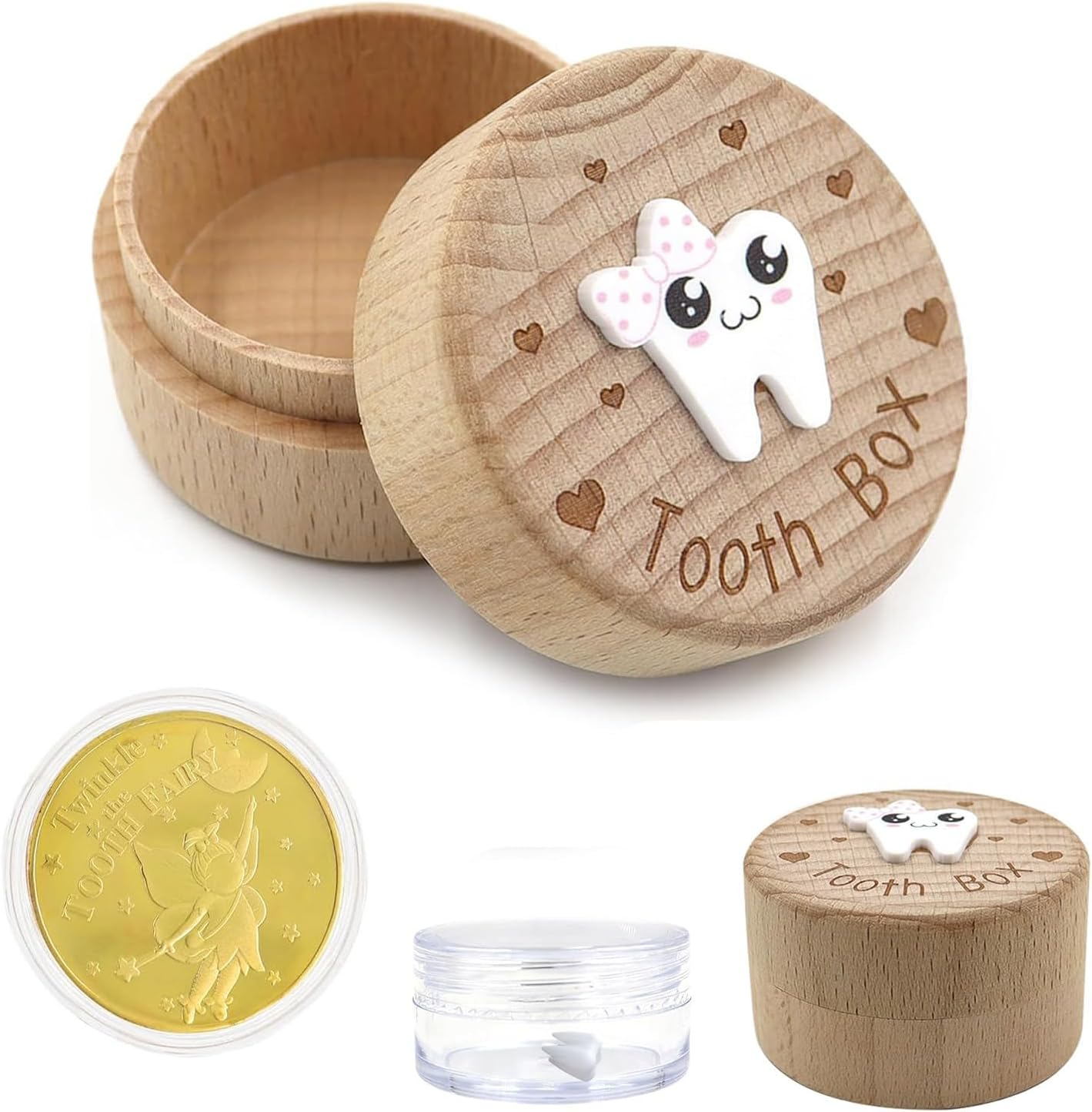 Wooden Tooth Fairy Box, Cute Tooth Fairy Tooth Holder, Tooth Fairy Kit with Tooth Fairy Coin and Transparent Storage Box, 3D Carved First Tooth Keepsake Box for Lost Teeth image number 5