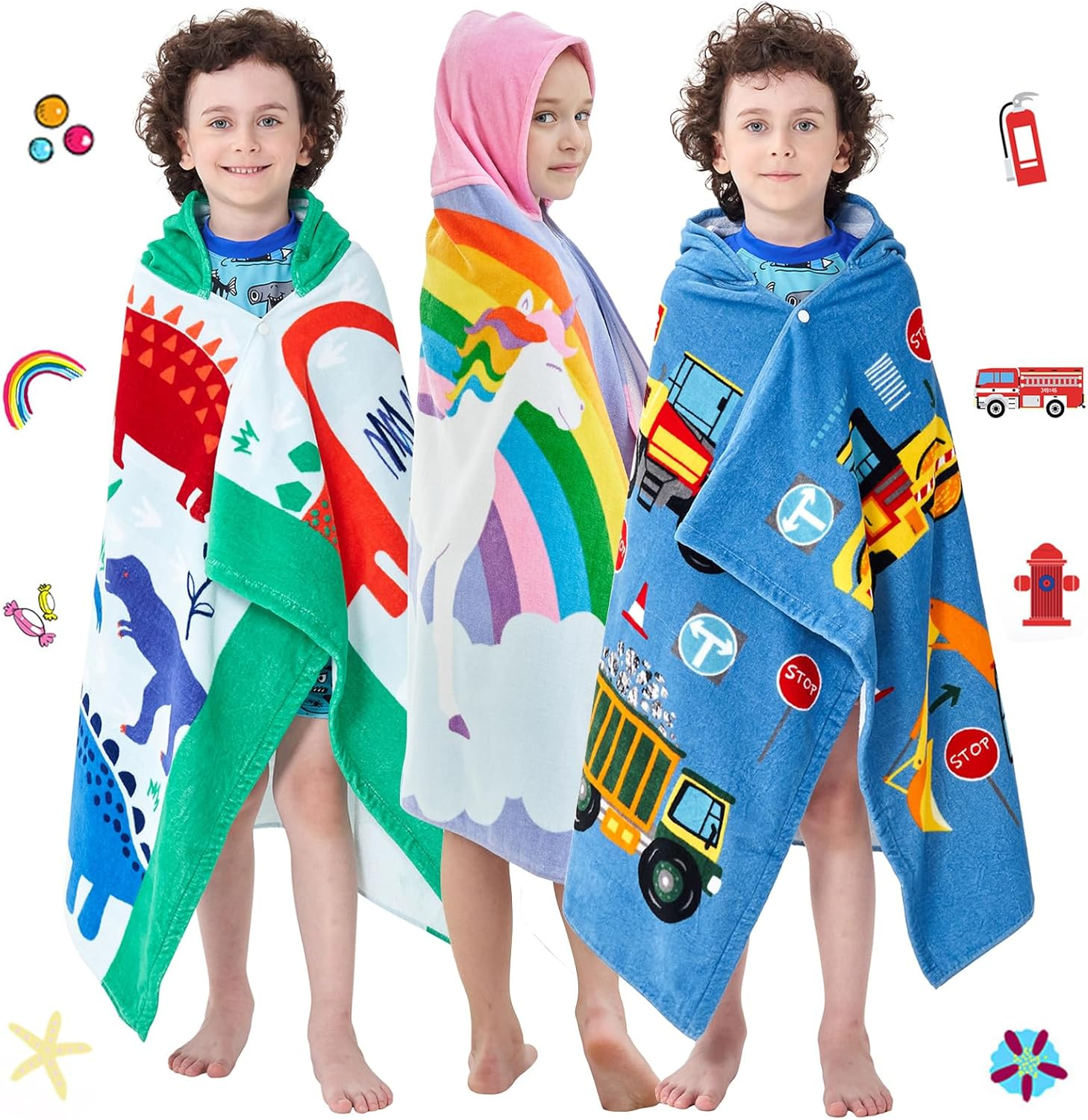 Bavilk Kids Hooded Bath Beach Towel Girls Boys Swim Pool Cover up Super Absorbent Cute Cartoon Animal Full Vitality (Dinosaur World) image number 1