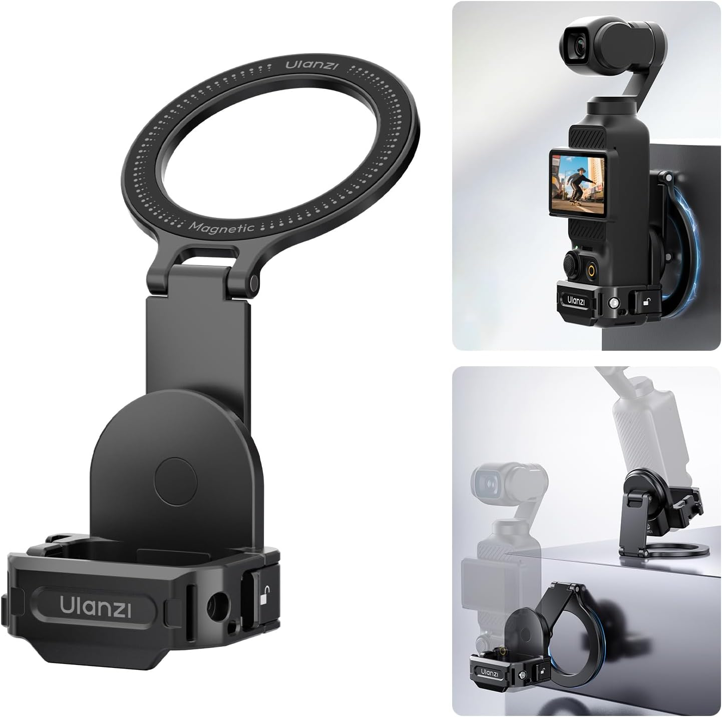 ULANZI PM01 Magnetic Expansion Adapter Compatible with DJI OSMO Pocket 3, Aluminium Magnetic Mount Stand with Cold Shoe and 1/4'' Mount, 181/270/360&deg; Adjustment Magnetic Adapter Pocket 3 Accessories image number 1