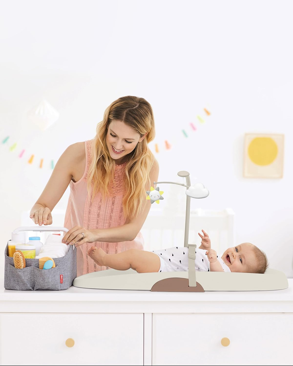 Skip Hop Wipe-Clean Baby Change Mat - Cushioned Changing Pad with Non-Slip Base, Contoured Support and Tuck-Away Toy Bar - Portable Nappy Changing Mat for Nursery and Travel (Oat)