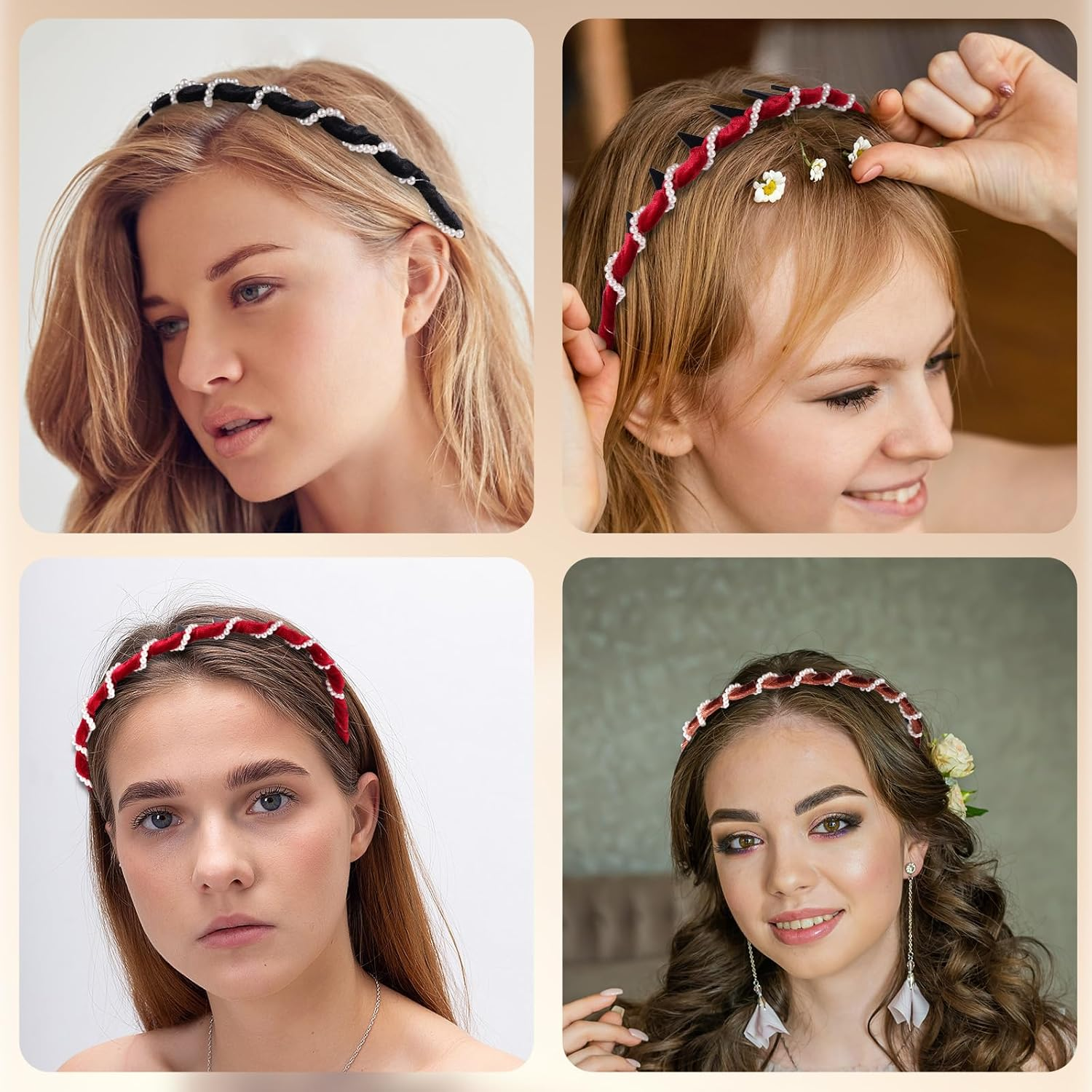 Sinbana 3Pcs Vintage High Cranium Pearl Headbands, with Comb Non-Slip Crown Wave Hairband Hair Accessories for Weddings Parties & Daily Wear (Brown, Red, Black) image number 2