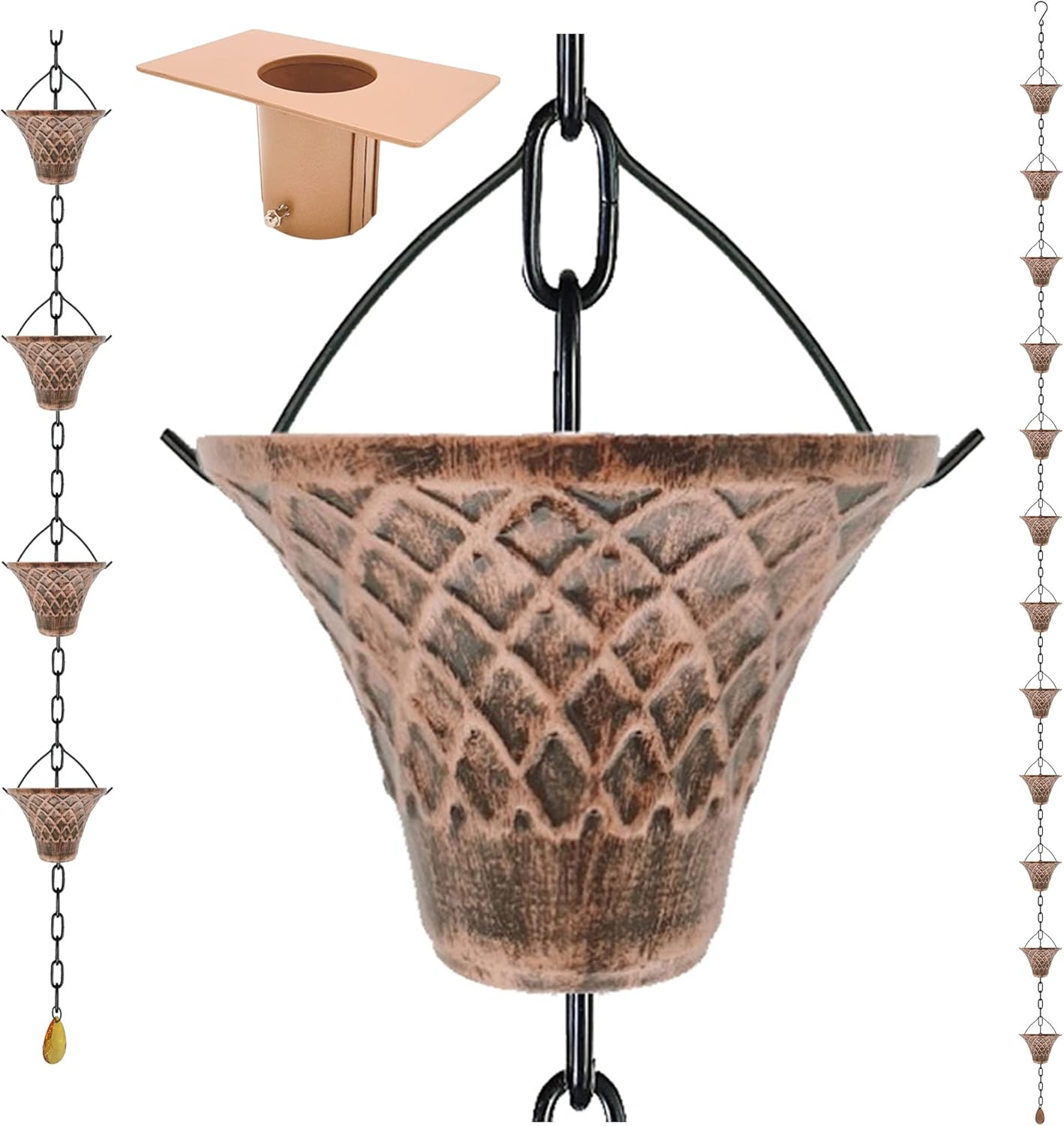 LEPTALINA 8.5FT Antique Copper Colored Iron Rain Chains for Gutter and Rain Barrel | Rust-Resistant Plated Garden D&eacute;cor Rain Chain for Downspout | Bonus Rain Chain Gutter Adapter image number 6