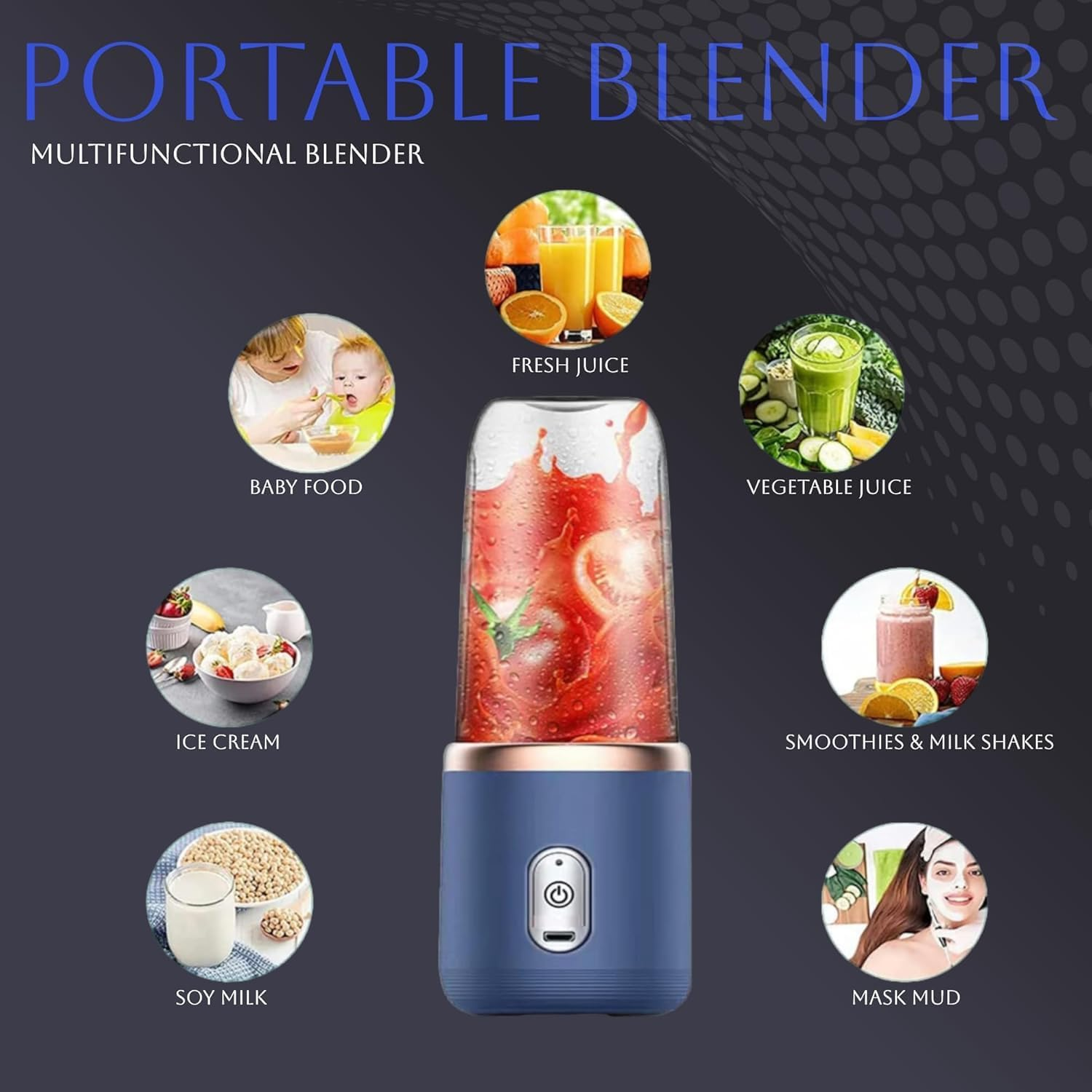 Portable Blender, Wireless Juicer, USB Rechargeable Smoothie Blend with 6 Sharp Blades and Double Cup, Travel Lid, Waterproof Blender for Kitchen with Seal Cover, for Outdoor Office Travel image number 6