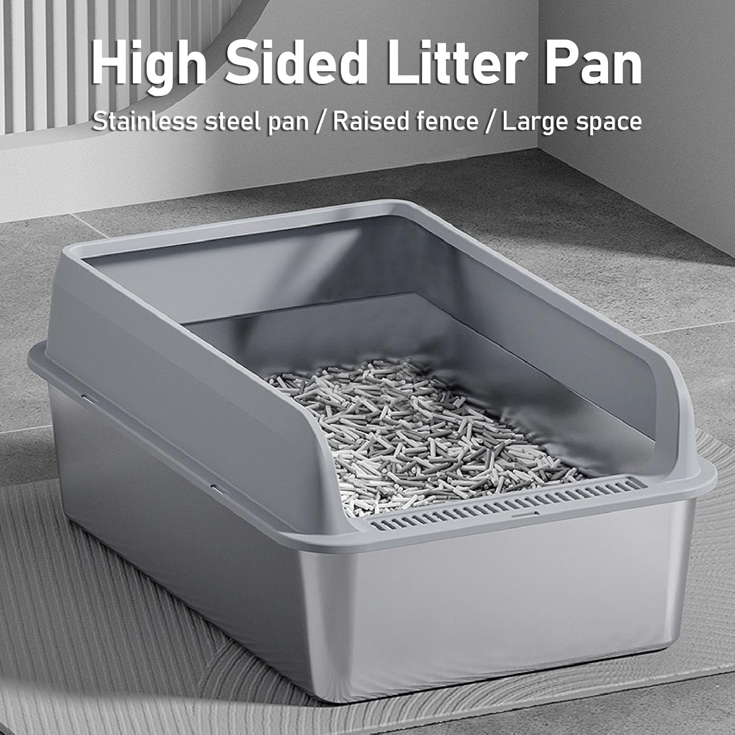 Stainless Steel Cat Litter Box with High Side, Non Rusting anti Stick Easy to Cleanup Enclosed Keep Odor inside anti Leakage Pet Litter Tray for Indoor Big Cats Supplies (Small) image number 2
