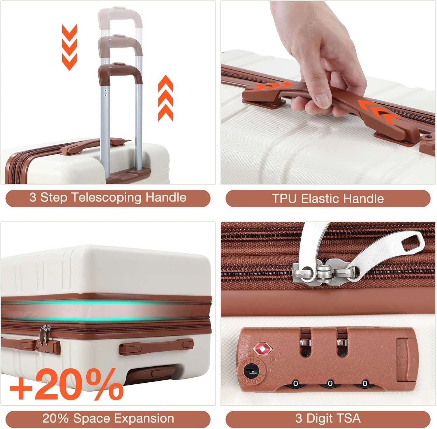 Boundliving 20''/24''/28'' 3 Piece Hardshell Luggage Set Expandable, Suitcase Set 3Pcs with TSA Locks, Lightweight Hardside Suitcase Set with Double Spinner Wheels, White image number 6