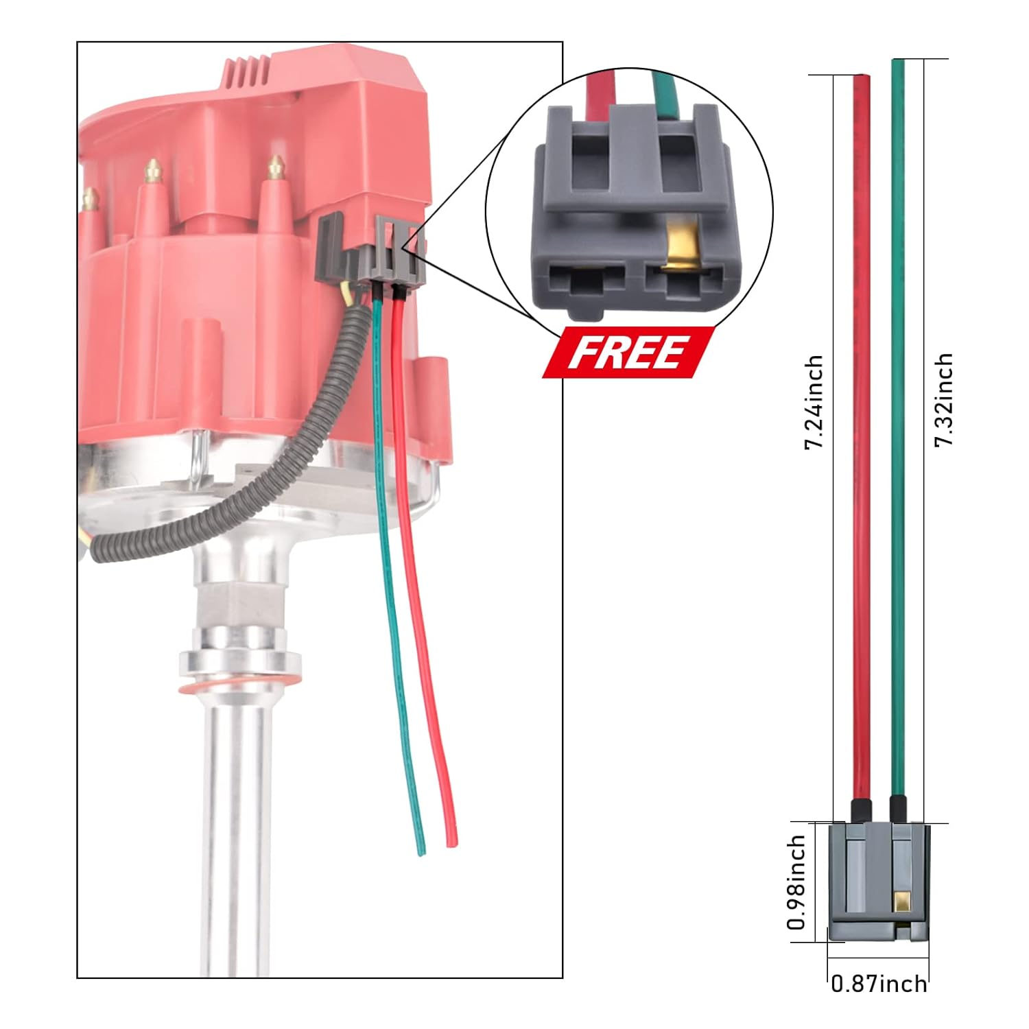 MAS Racing HEI Distributor&Spark Plug Wires & Free Pigtail Wire Harness Combo Kit Red Cap Replacement for Chevy 283 302 307 327 350 396 400 402 427 454 Gm SBC BBC 65K Coil 7500RPM Chevrolet C10 GMC V8 image number 4