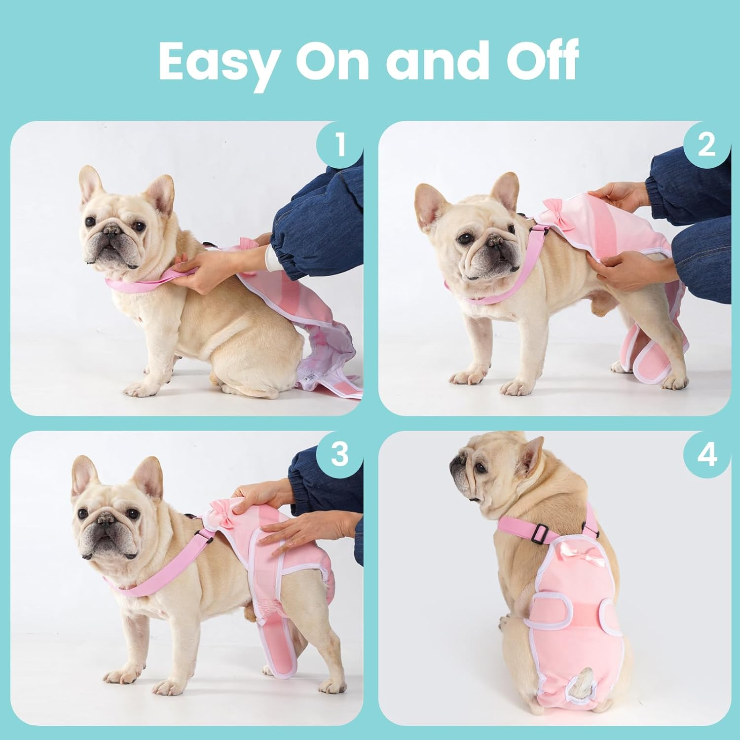 Avont 3 Pack Frenchie Dog Diapers Female, Washable Reusable Girl Doggie Pants for Period Heat Cycle, Full Body Cover Onesie with Adjustable Straps -Pink/Purple/Blue M image number 1