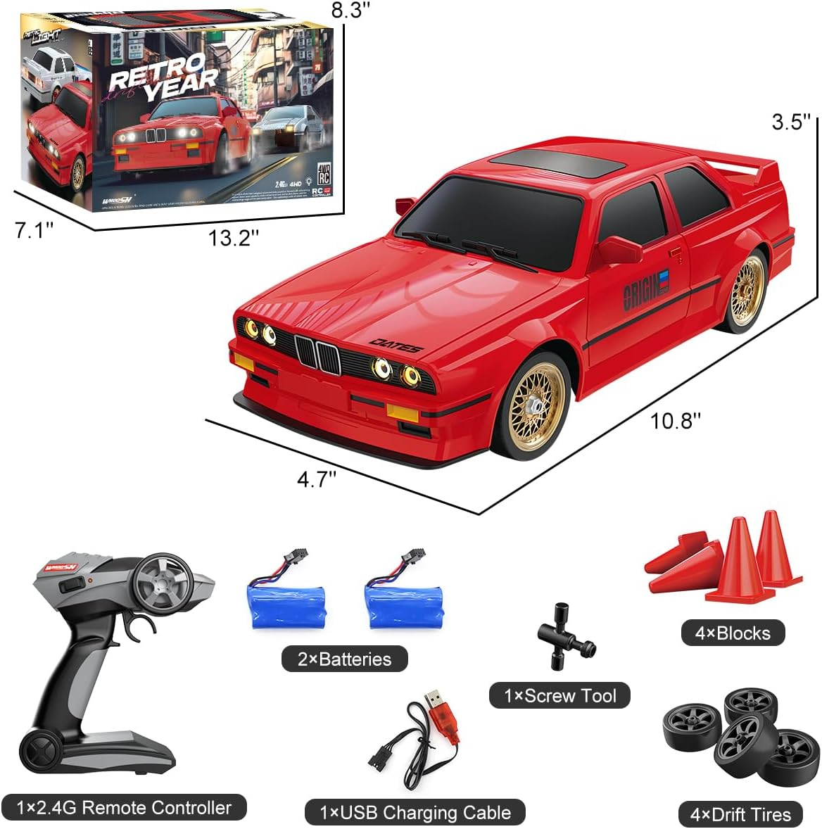 RC Drift Car for Kids Adults 1:16 Scale 2.4Ghz 4WD High Speed RTR Racing Car 30KM/H with Led Lights Remote Control Vehicle Sport Toy Gifts for Girls Boys, Two Batteries and Drift Tire Included image number 6
