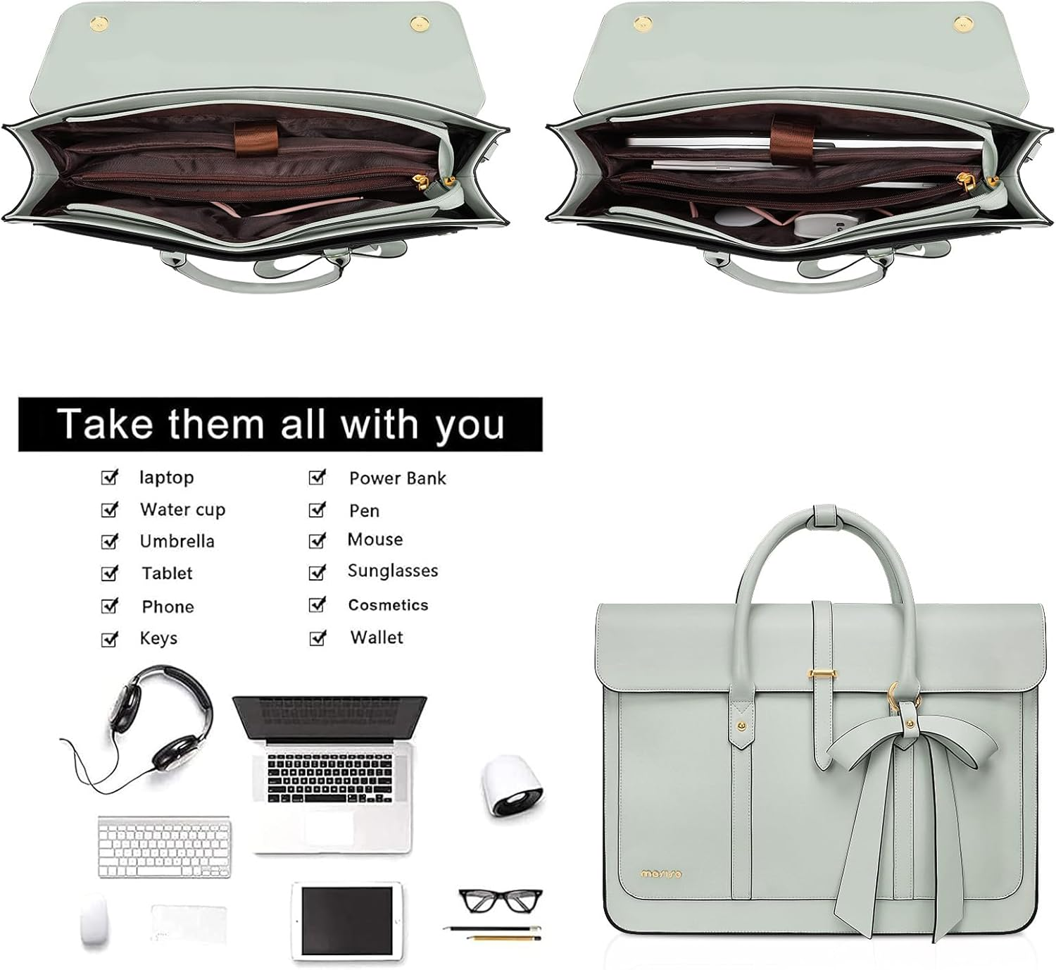 MOSISO Laptop Bag for Women, PU Leather Laptop Shoulder Bag Convertible Backpack, Messenger Bag Casual Handbag Work Briefcase Travel Computer Bag with Bowknot