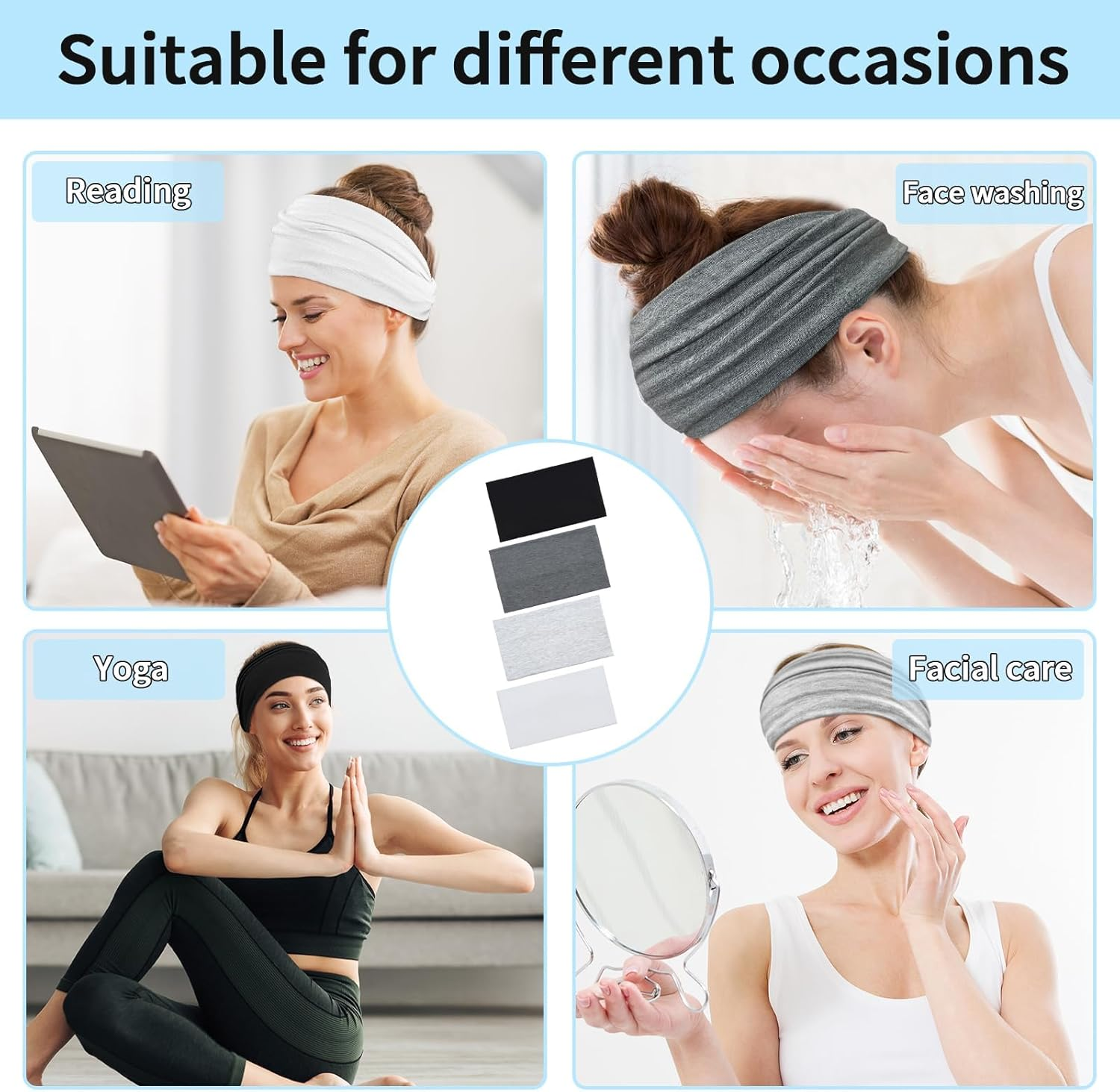 BELEVO Headbands for Women'S Hair, Fabric Headband Elastic Head Bands Adult Women Stretchy Hair Bands Soft Hair Accessories for Yoga Exercise Sports Makeup 4 Pcs (Black/White/Grey) image number 2