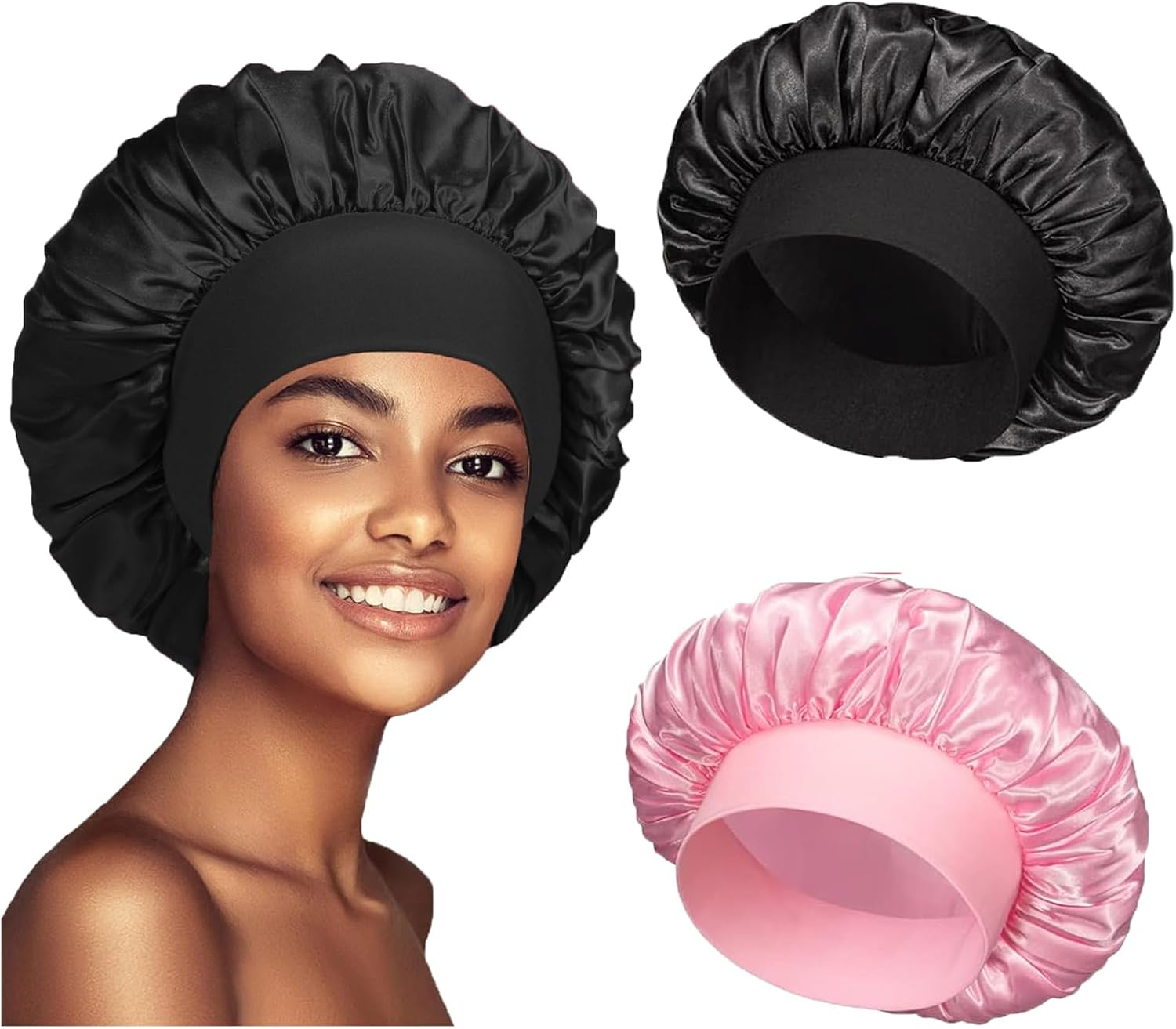Hroevc 2PCS Silk Bonnet Satin Bonnet, Silk Hair Wrap for Sleeping, Soft and Comfortable Sleep Cap (Black+Pink)