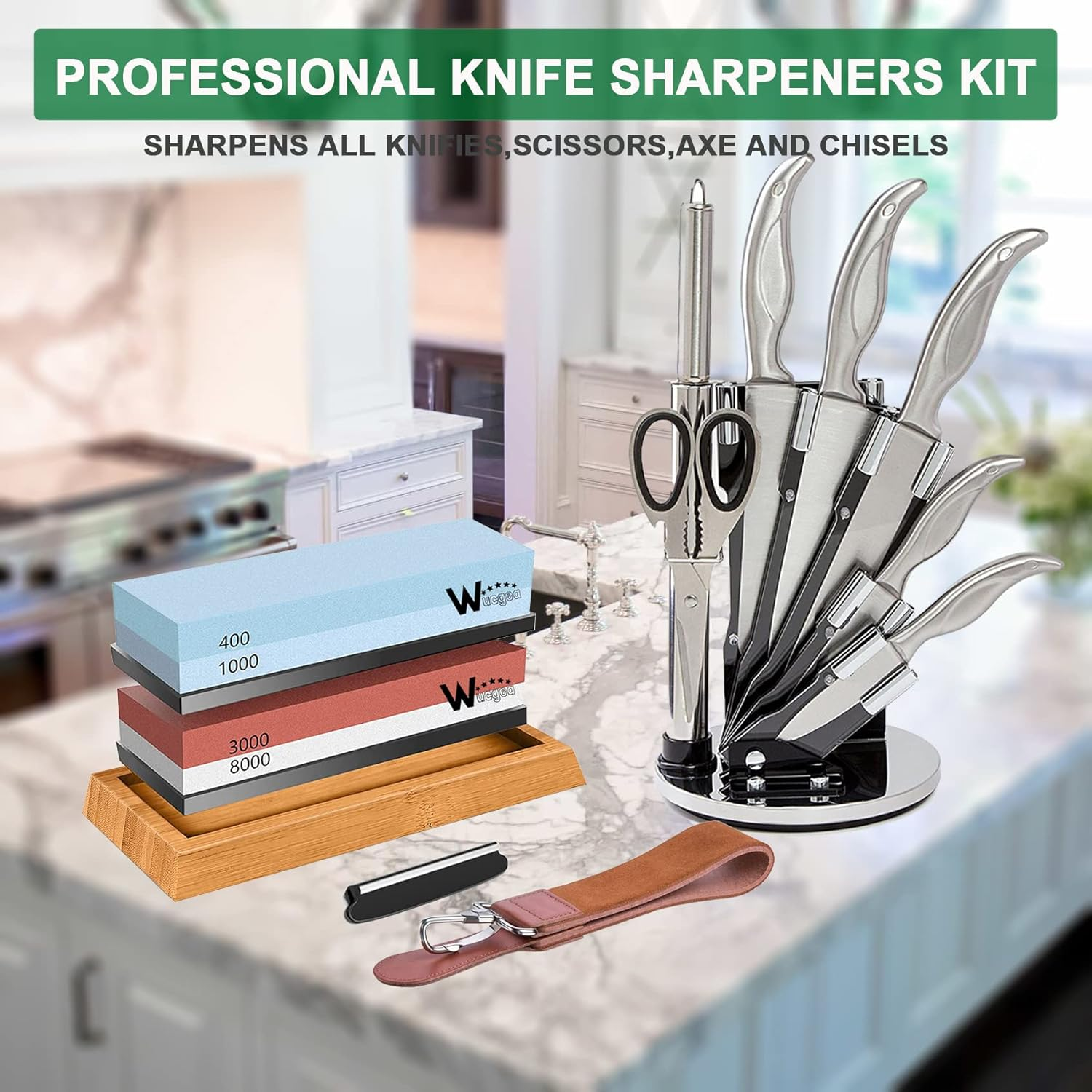 Wucgea Knife Sharpening Stone Kit - 400/1000 3000/8000 Grit Japanese Whetstone Sharpener Set with Non-Slip Rubber Base Angle Guide Flattening Stone and Leather Strop&hellip; image number 6