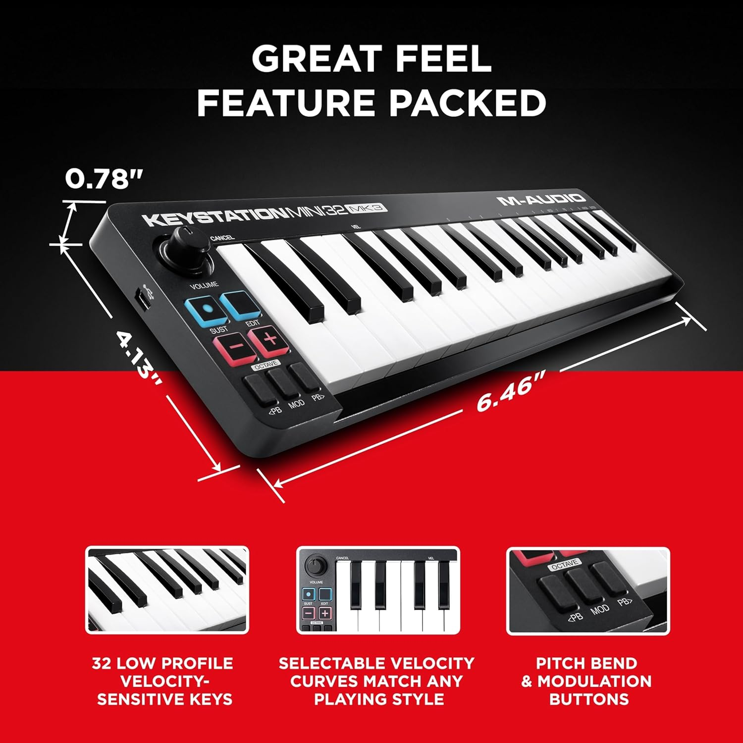 M-Audio Keystation Mini 32 MK3 - USB MIDI Keyboard Controller with 32 Velocity Sensitive Mini Keys and Recording Software Included image number 5