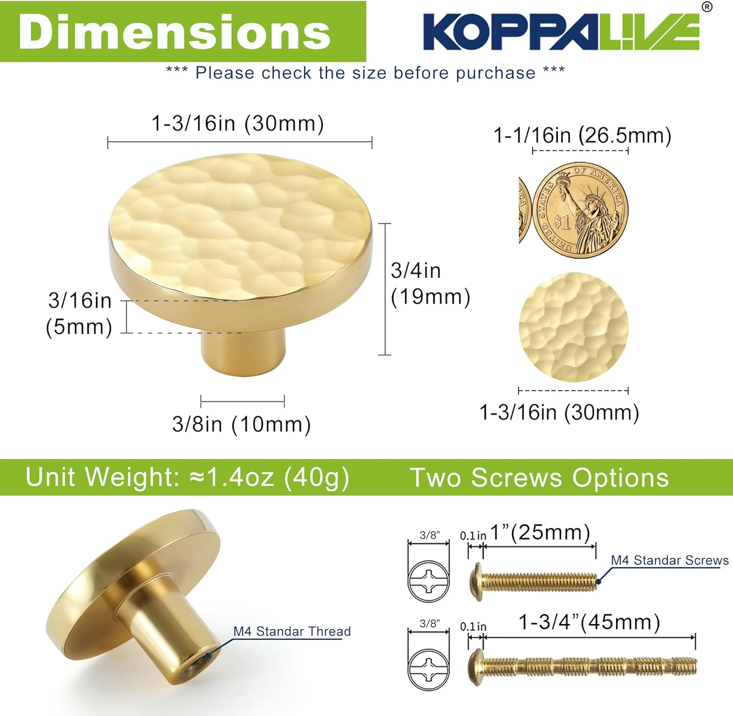 KOPPALIVE 10-Pack Modern Gold Cabinet Knobs, Hammered Solid Brass Drawer Knobs, round Dresser Drawer Pulls and Handles, Kitchen Cabinet Hardware, Diameter 1-3/16 Inch