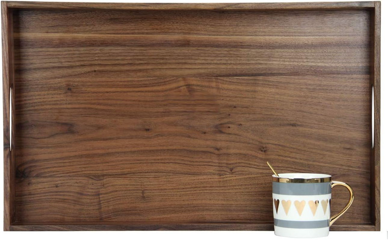 MAGIGO 22 X 14 Inches Large Rectangle Walnut Wood Ottoman Tray with Handles, Serve Tea, Coffee or Breakfast in Bed, Classic Wooden Decorative Serving Tray