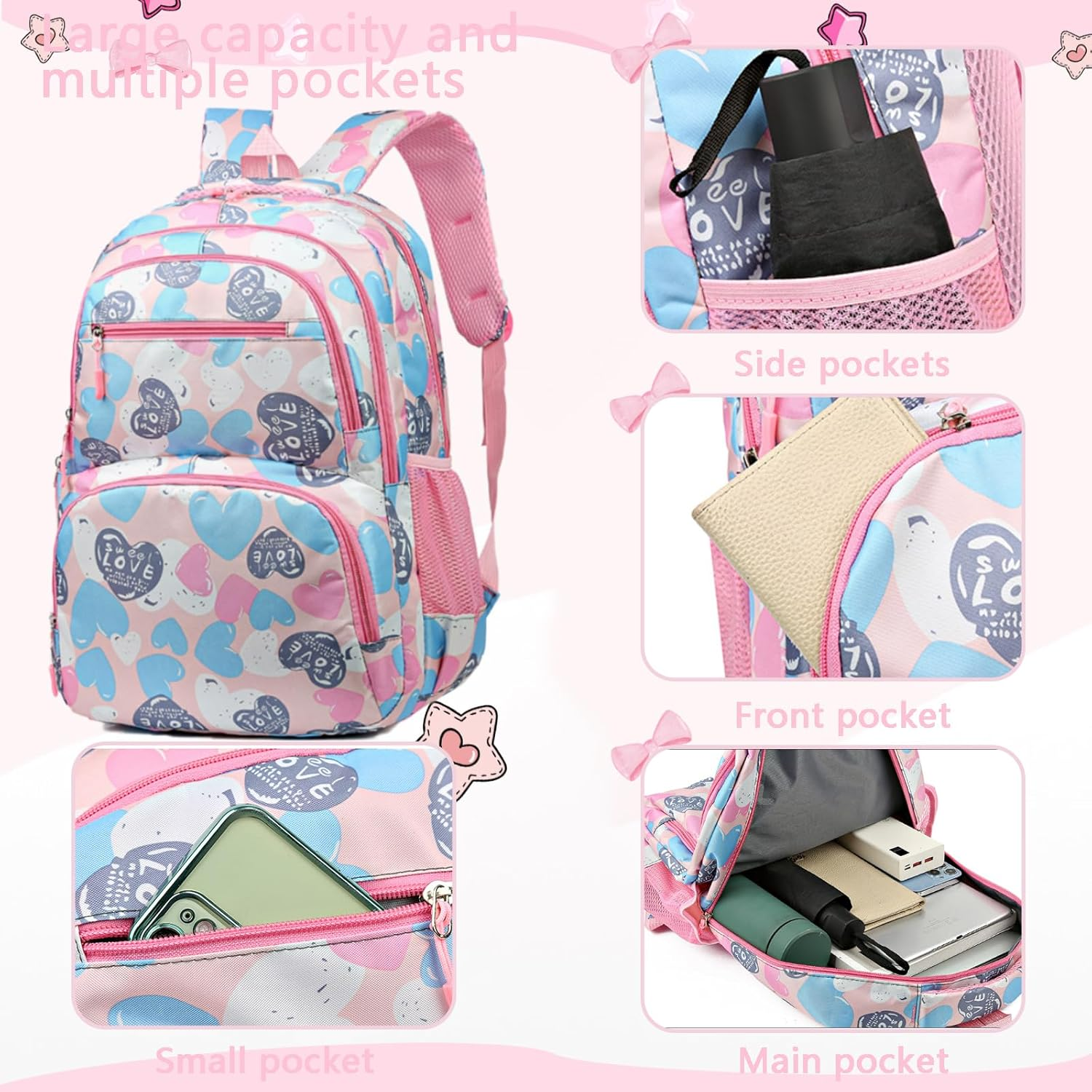 Kids Backpack for Girls School Cute Heart Bookbags Aesthetic Preppy Schoolbag Leisure Lightweight Backpacks