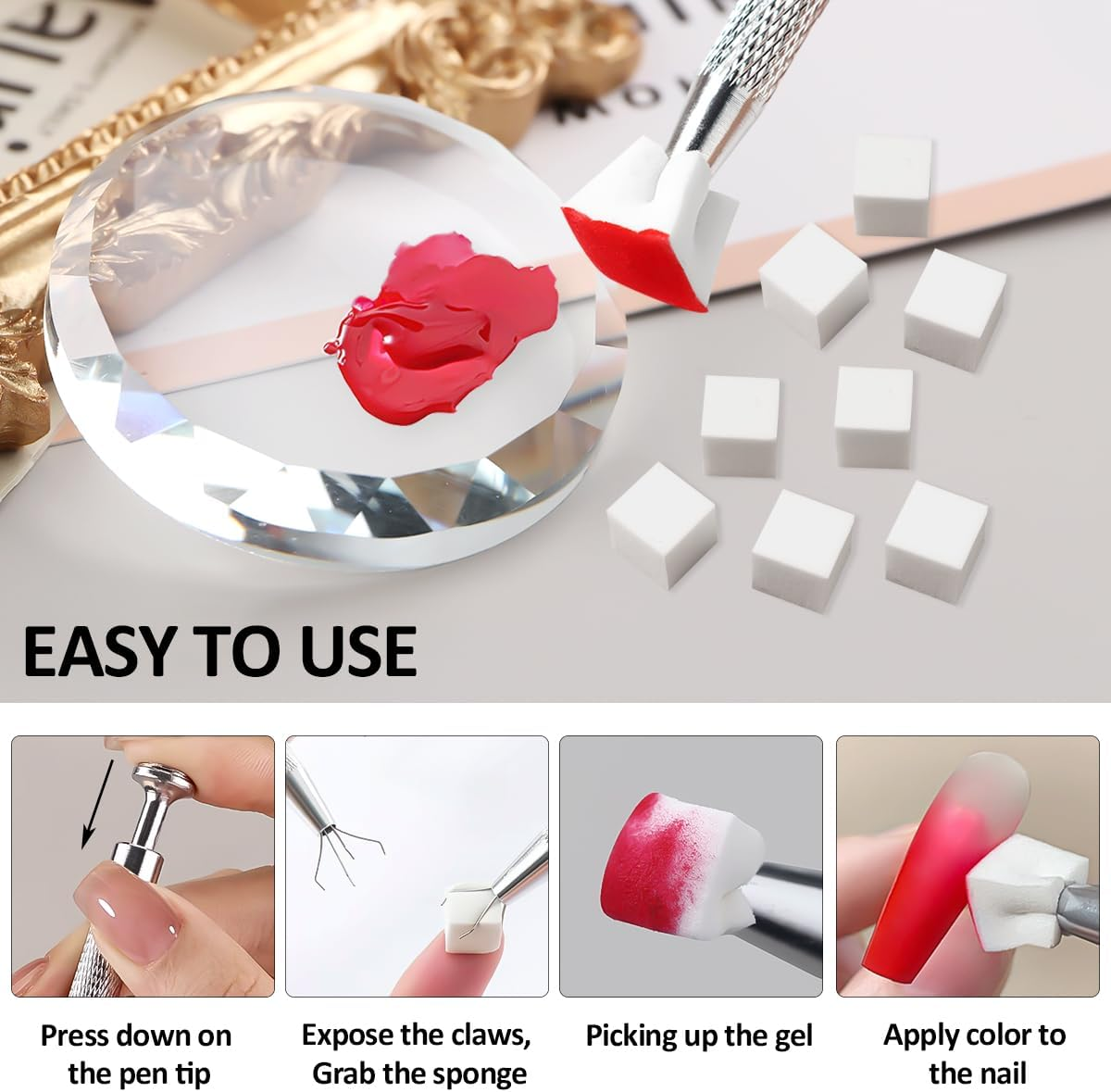 SUTOZMIWE Nail Art Sponge with 100Pcs/Box, Soft Sponges Pen Holder, Gradient Effect Gel Painting Brush, round Glass Palette, Stick Mixing Blooming Nails, Aura Nail, S