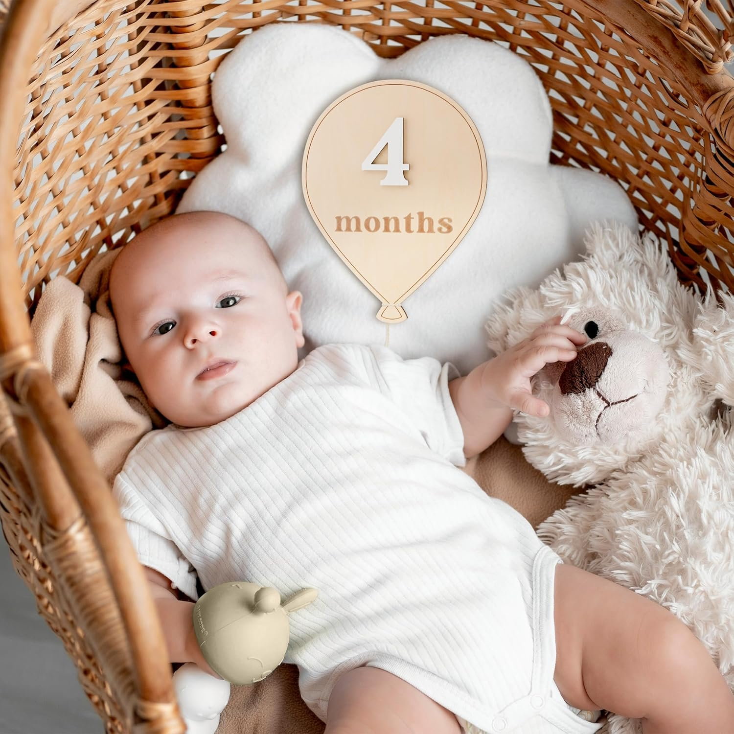 Beautiful Baby Monthly Milestone Cards - the Perfect Wooden Discs for Adorable Milestone Pictures of Your Newborn - 2X Reversible Balloon Signs with Interchangeable Numbers Make a Great Shower Gift image number 6