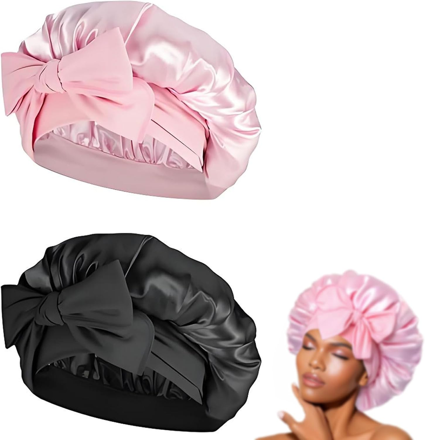 2 Pcs Satin Sleep Cap, Silk Bonnet with Tie Band, Adjustable, Black+Pink image number 1