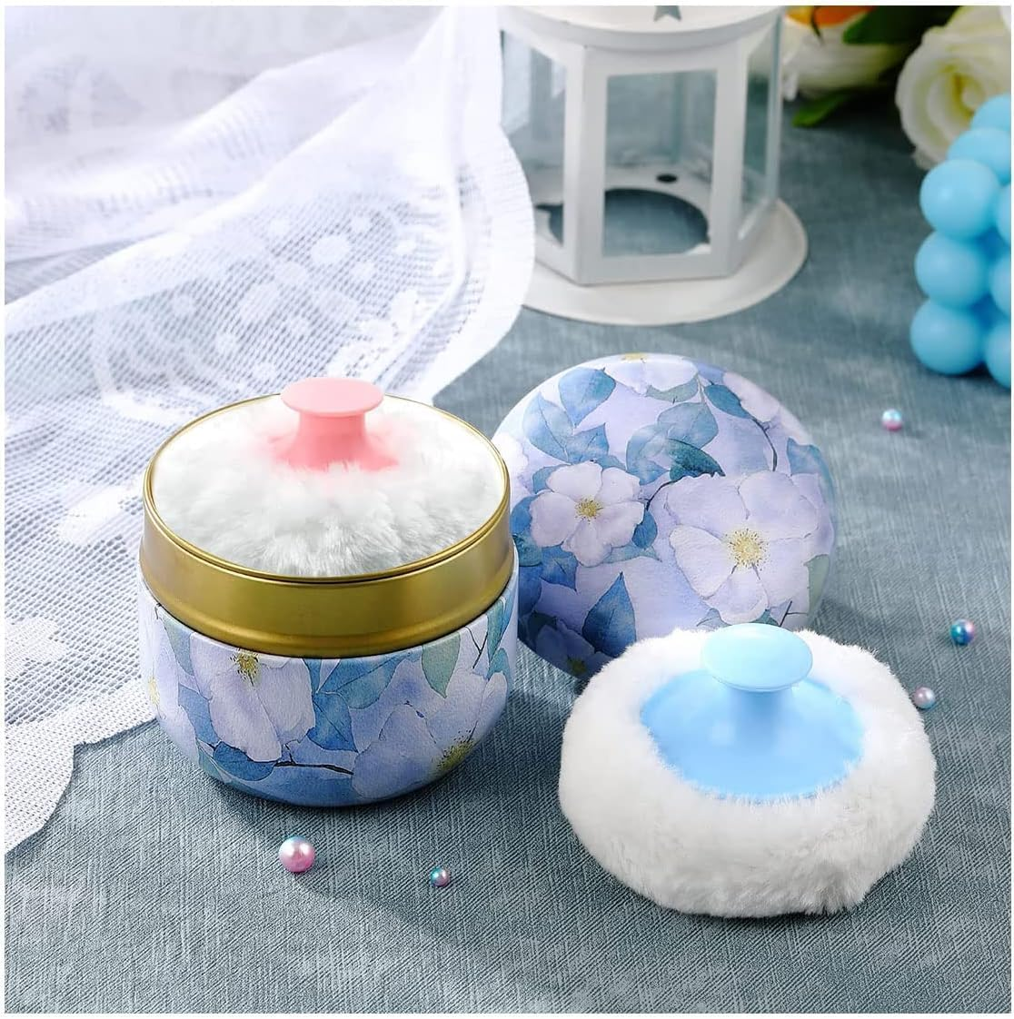 2 Pieces Body Powder Puff and Container Portable for Baby&Women Loose Powder Case Home Travel Powder Box (BLUE)