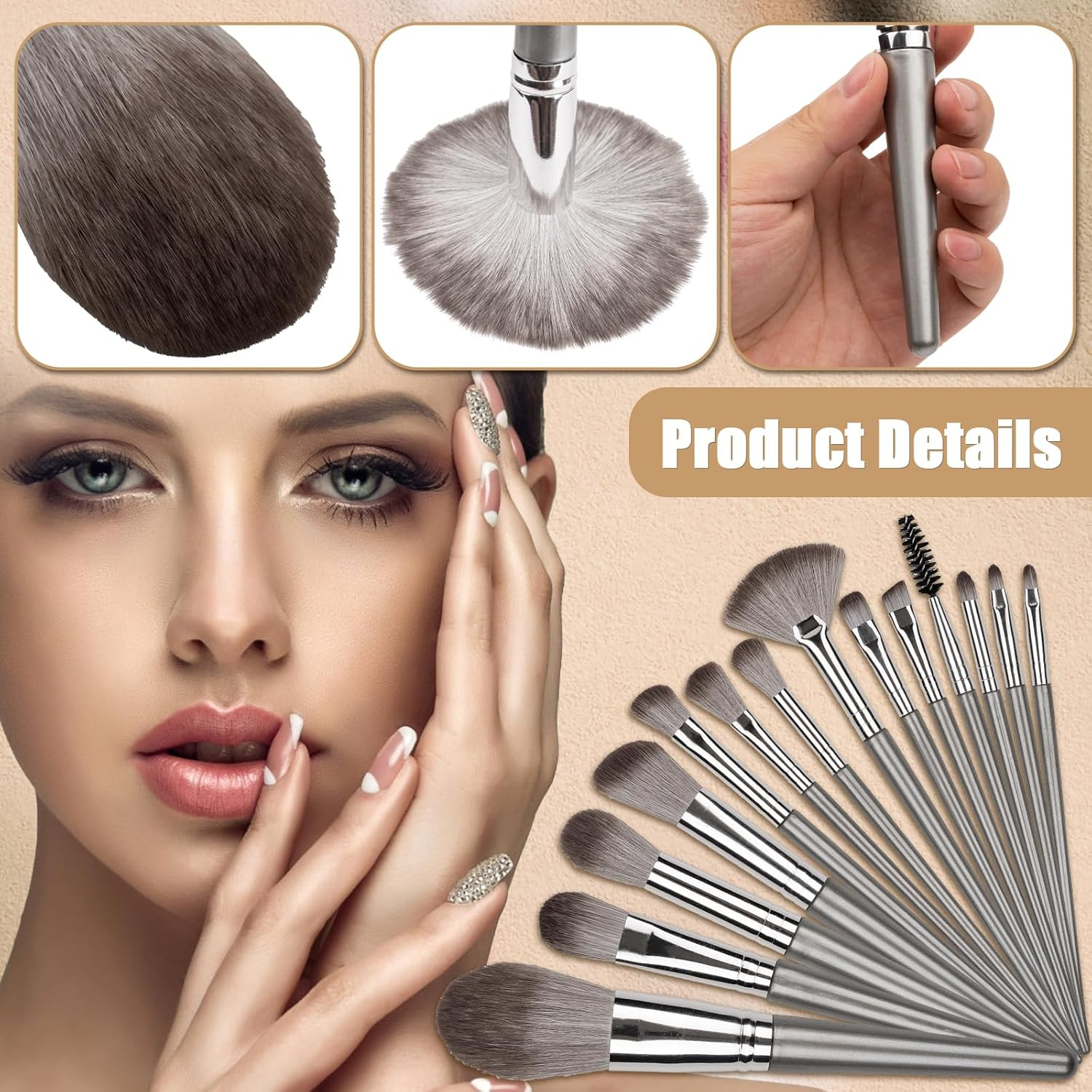 Makeup Brushes, 14 Pcs Professional Makeup Brush Set, Eye and Face Foundation Brush Set, Eyeshadow Brushes, Cosmetic Brushes, with PU Bag, Grayish image number 3