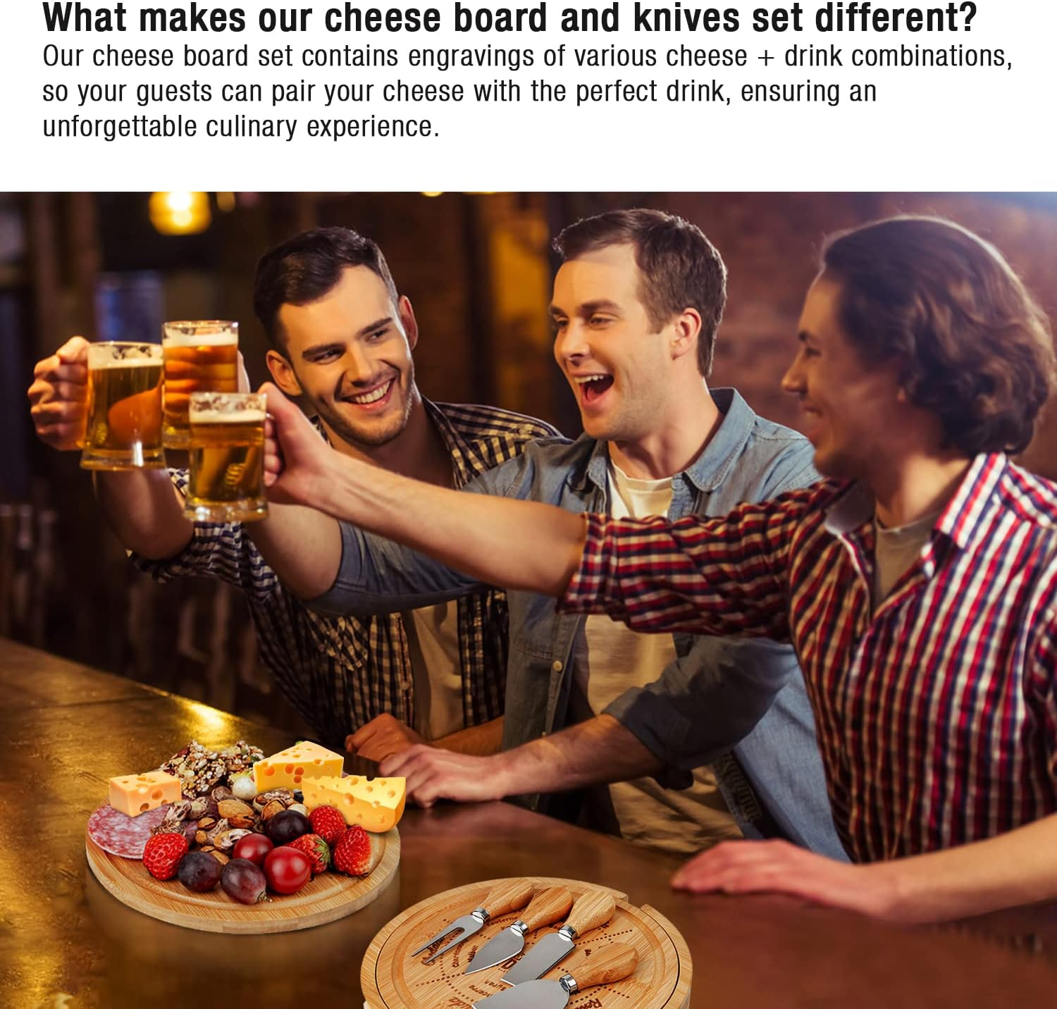 Bamboo Cheese Board with Knife Set - round Charcuterie Serving Tray with Engraved Cheese & Drinks Name - Wooden Cheese & Meat with Stainless Steel Knives & Cutlery - Housewarming & Wedding Party Gifts image number 5