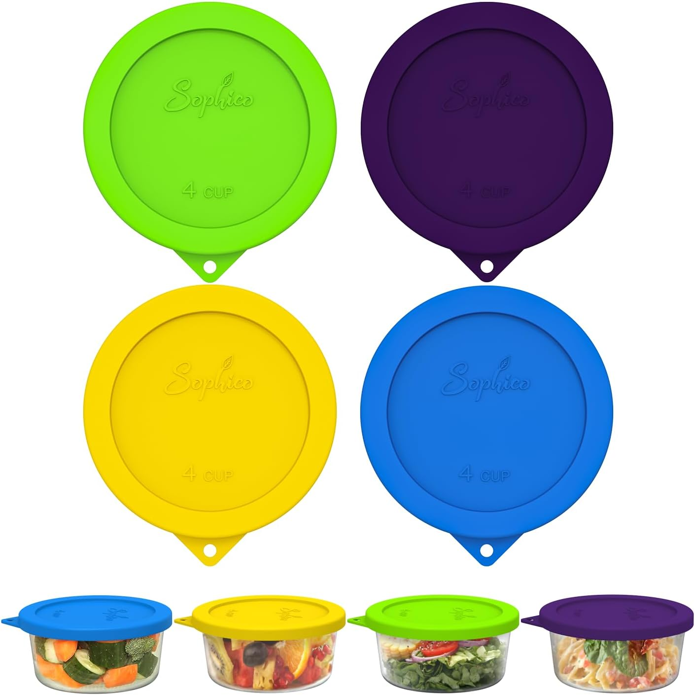 Sophico 4 Cup round Silicone Storage Cover Lids Replacement for Anchor Hocking and Pyrex 7201-PC Glass Bowls (Container Not Included) (Navy Blue-Mint) 4 Pack
