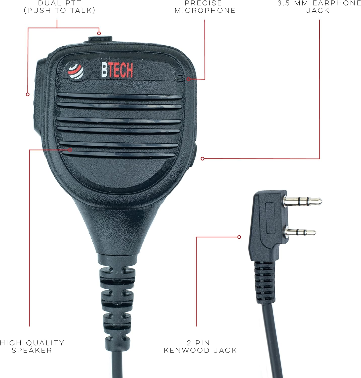 BTECH QHM22D Dual Push-To-Talk (PTT) Speaker Mic, Platinum Series IP54 Rainproof Shoulder Mic for Baofeng, BTECH, Kenwood Radios image number 5