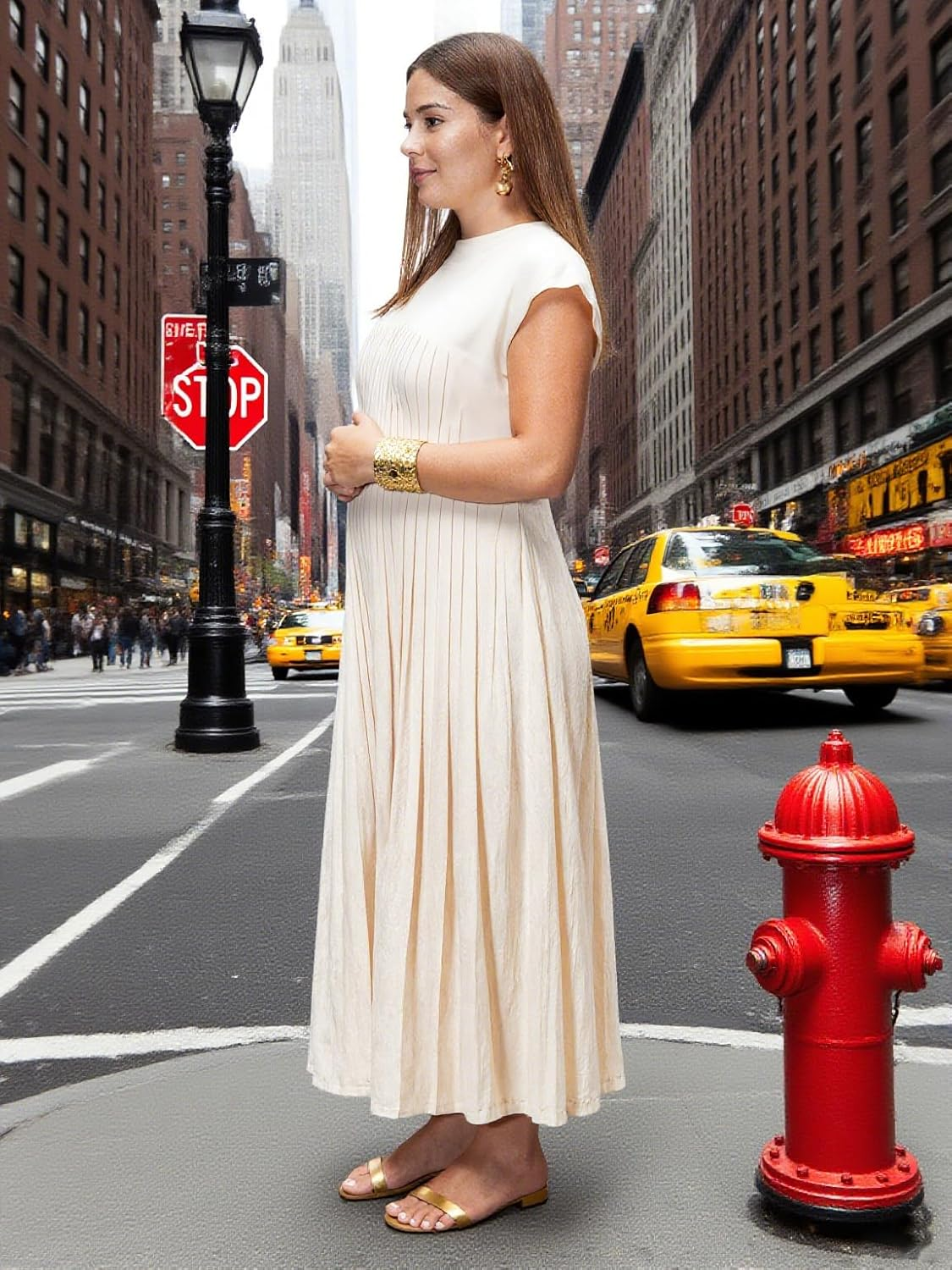2025 Spring New Maternity Long Sleeve round Neck Pleated Dress Comfortable image number 3