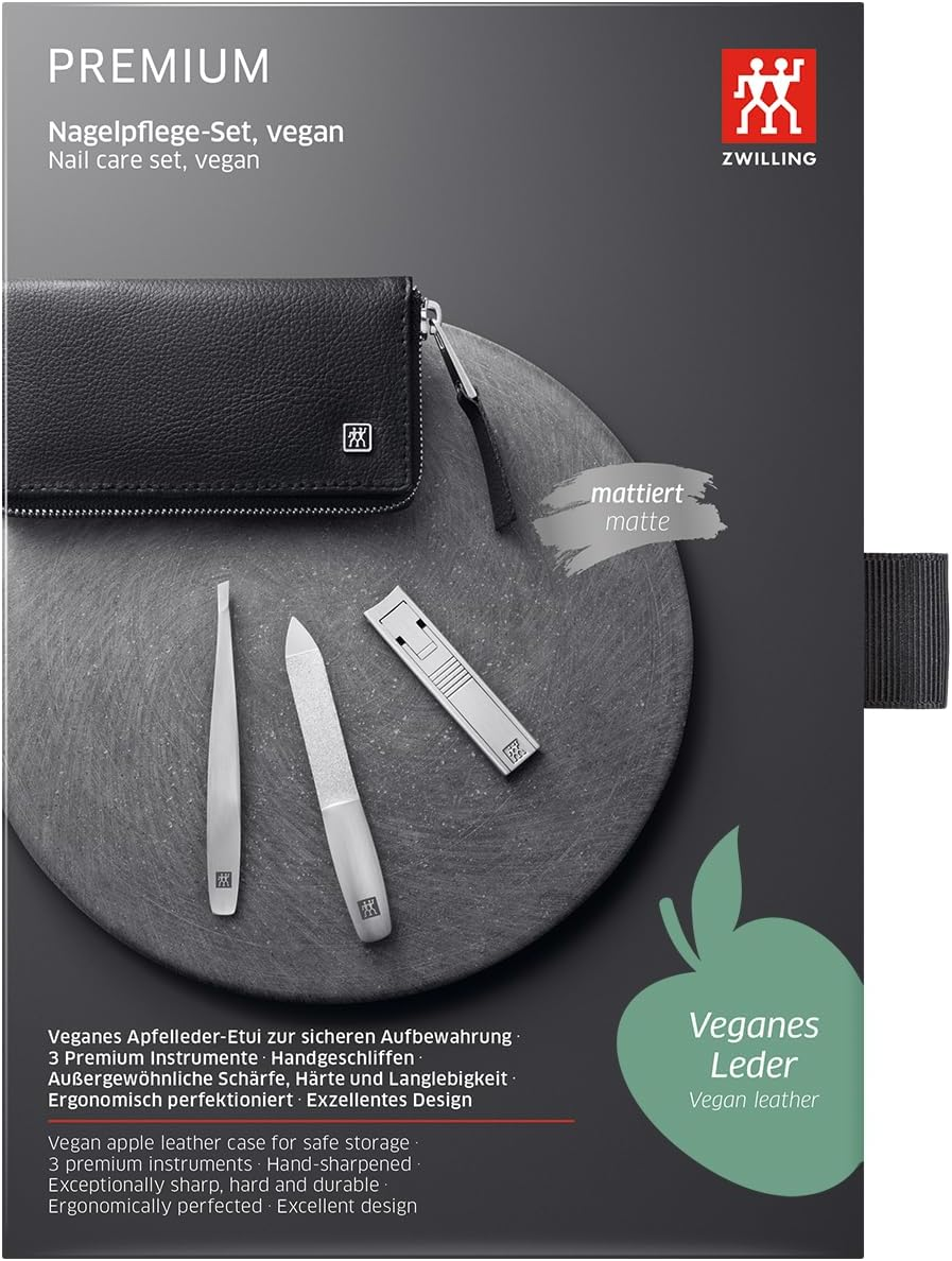 ZWILLING Manicure Pedicure Set 3-Piece Compact Nail Clippers Vegan Apple Leather Case Black image number 1