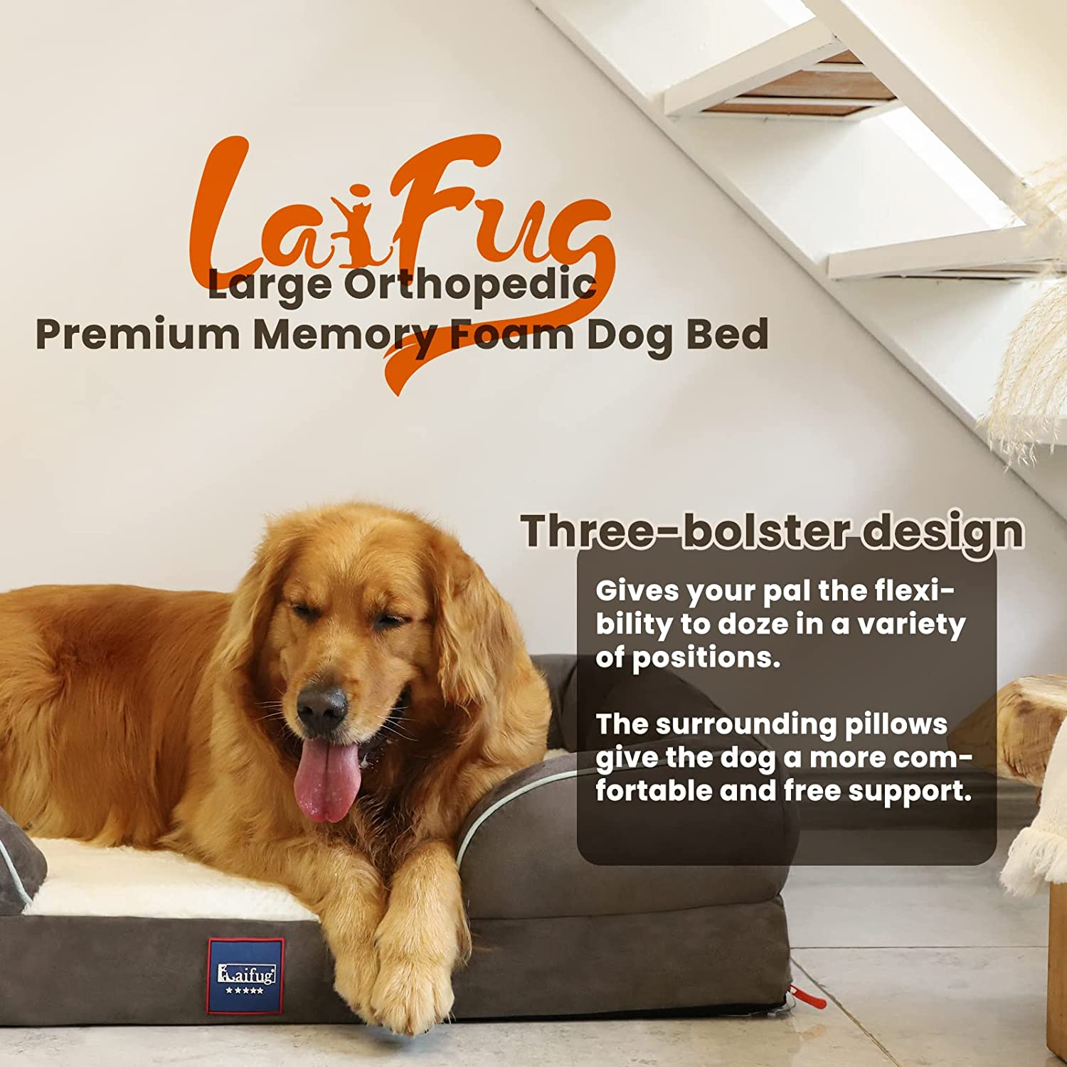 Laifug Large Orthopedic Premium Memory Foam Dog Bed, with Washable and Removable Suede Cover, Waterproof Liner and Non-Slip Bottom Protect the Dog Bed, Grey, Large(97''X76''X23'' image number 2