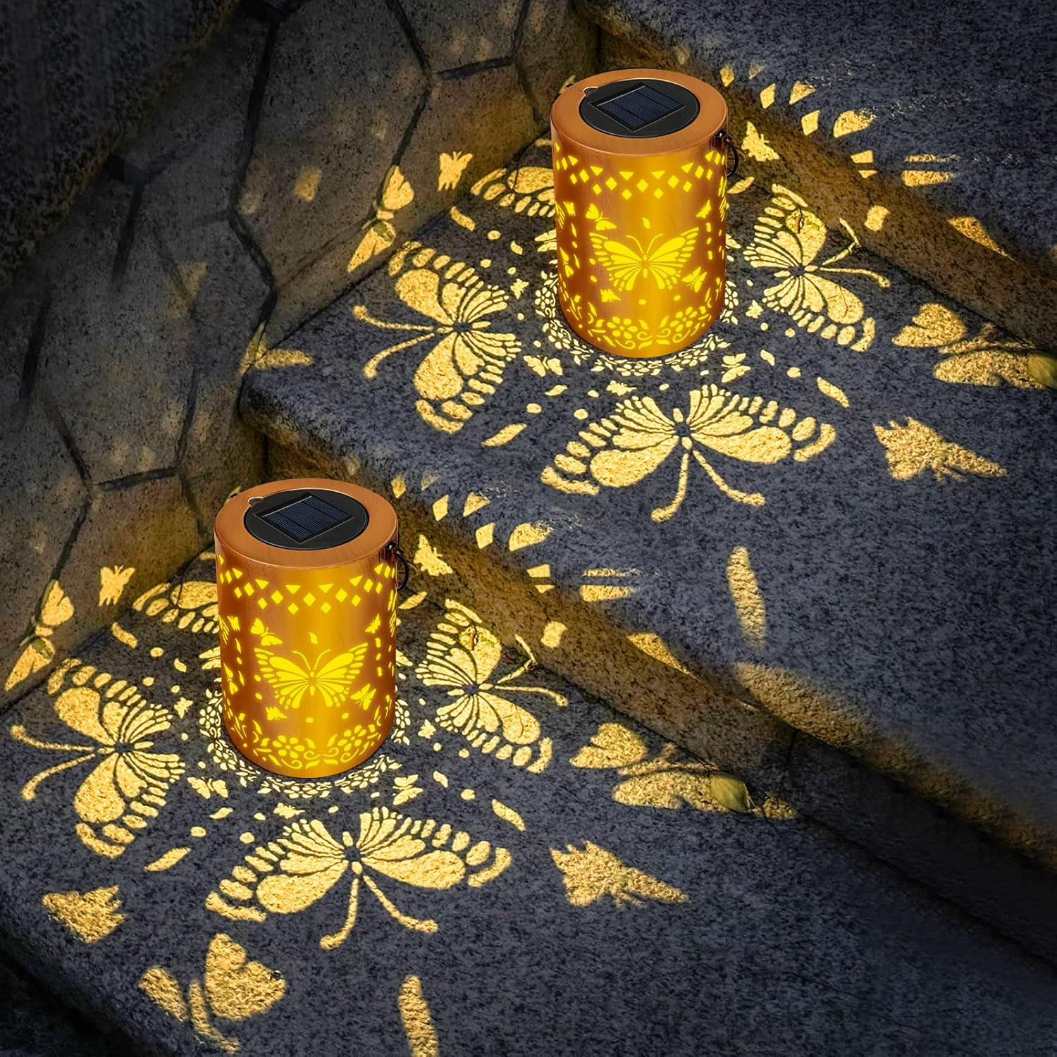 Solar Lanterns Outdoor Waterproof Butterfly Garden Lantern Birthday Holiday Gifts for Women Mom Grandma, Hanging Solar Lights Metal Decoration outside for Yard, Patio, Backyard, Porch, 2 Pack