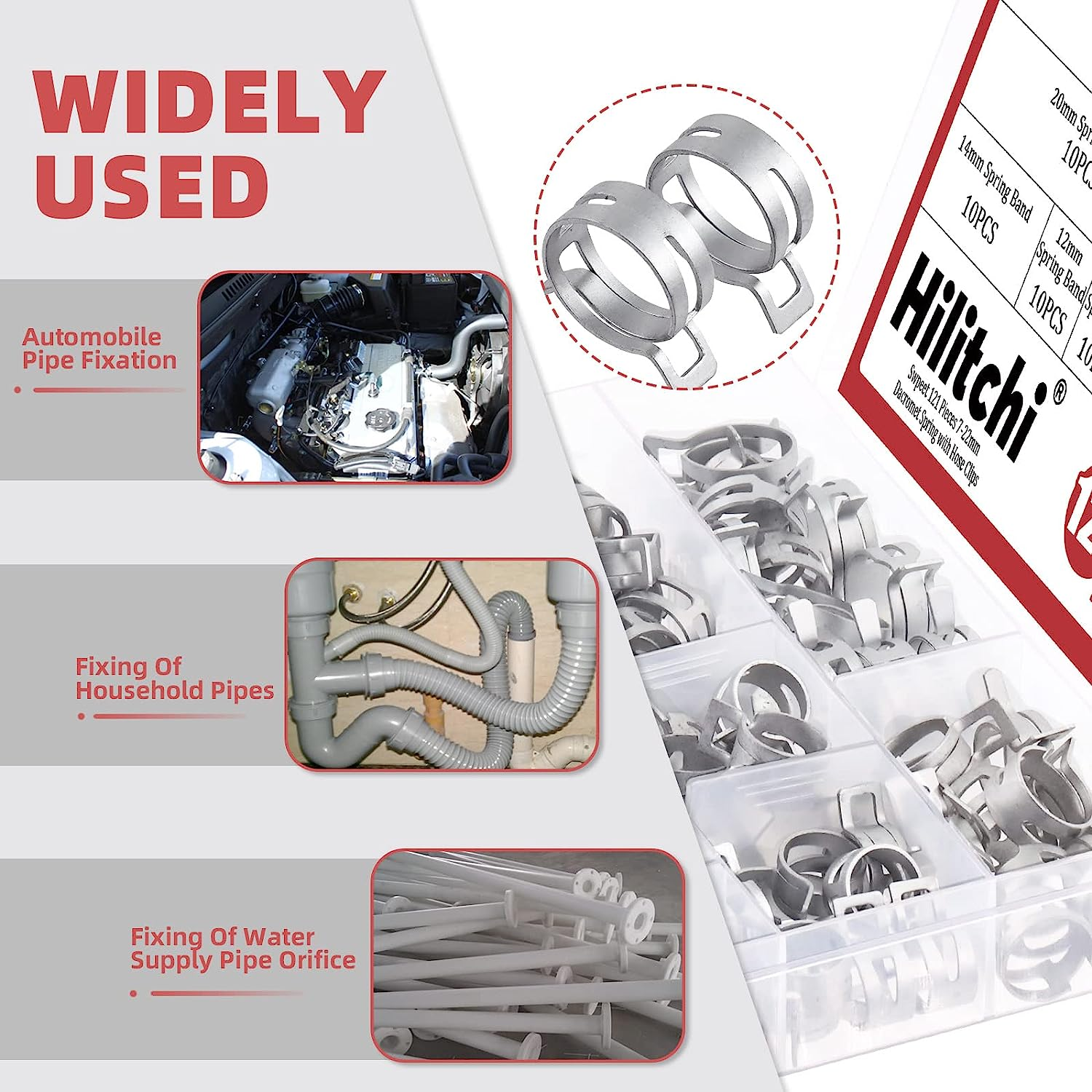 Hilitchi 121Pcs 12 Sizes Spring Band Hose Clamp Kit, 7MM-22MM Low Pressure Air Clip Clamp with Hose Clip Pliers, Fuel Line Hose Clips Silicone Vacuum Hose Clamp Fastener - A Kit image number 5