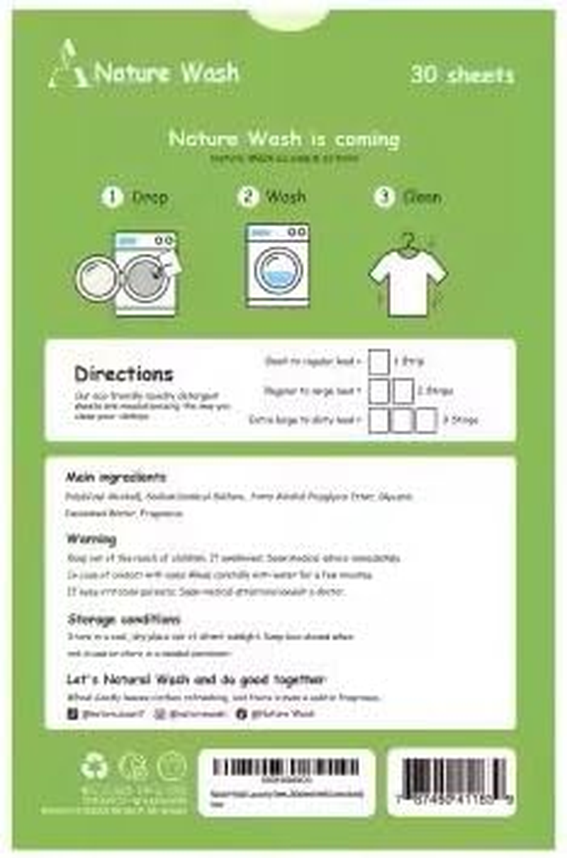 Nature Wash Laundry Sheets Eco-Friendly Ultra Concentrated Detergent Biodegradable Plastic-Free Packaging (30 Washes Fresh Linen Scent) image number 5