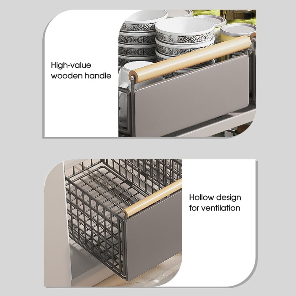 Leona Co Pull Out 2 Tier Metal Cabinet Organizer with Solid Wood Handle - No Assembly Required, Durable Mesh Design - Multi-Purpose Storage for Kitchen, Bathroom, Office (Large) image number 6