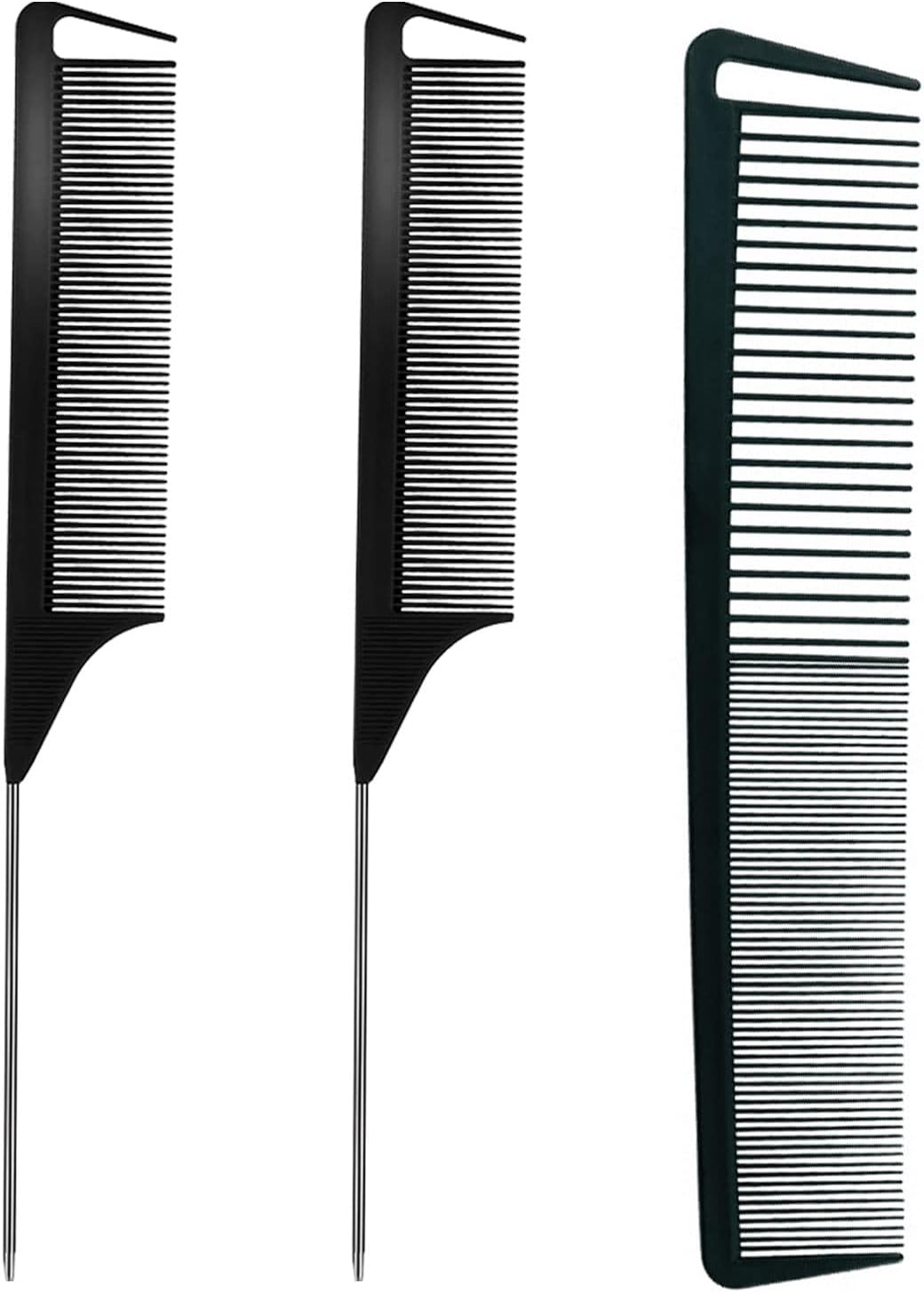 3 Pcs Rat Tail Comb Parting Comb for Braids Barber Styling Combs Carbon Fiber Teasing Combs Stainless Steel Pintail Comb for Women Men Fine Teeth Salon Hairdressing Hair Care Tools (Black+Black+Black)