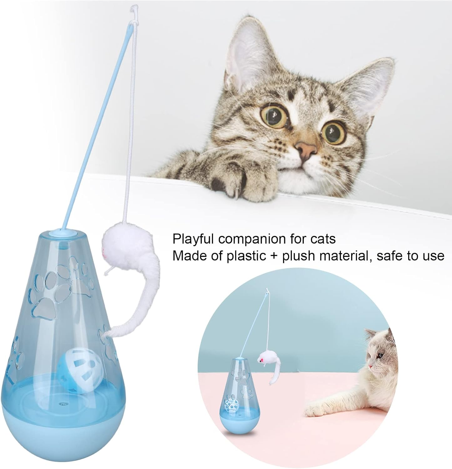 Cat Chasing Toy, Clear Color Cat Snack Toy Anxiety Ease Built in Bell Ball, Cat Roly Poly Toy Exercise Attractive Plush Mouse Cat Stick for Indoor Cats Kittens (Blue) image number 5