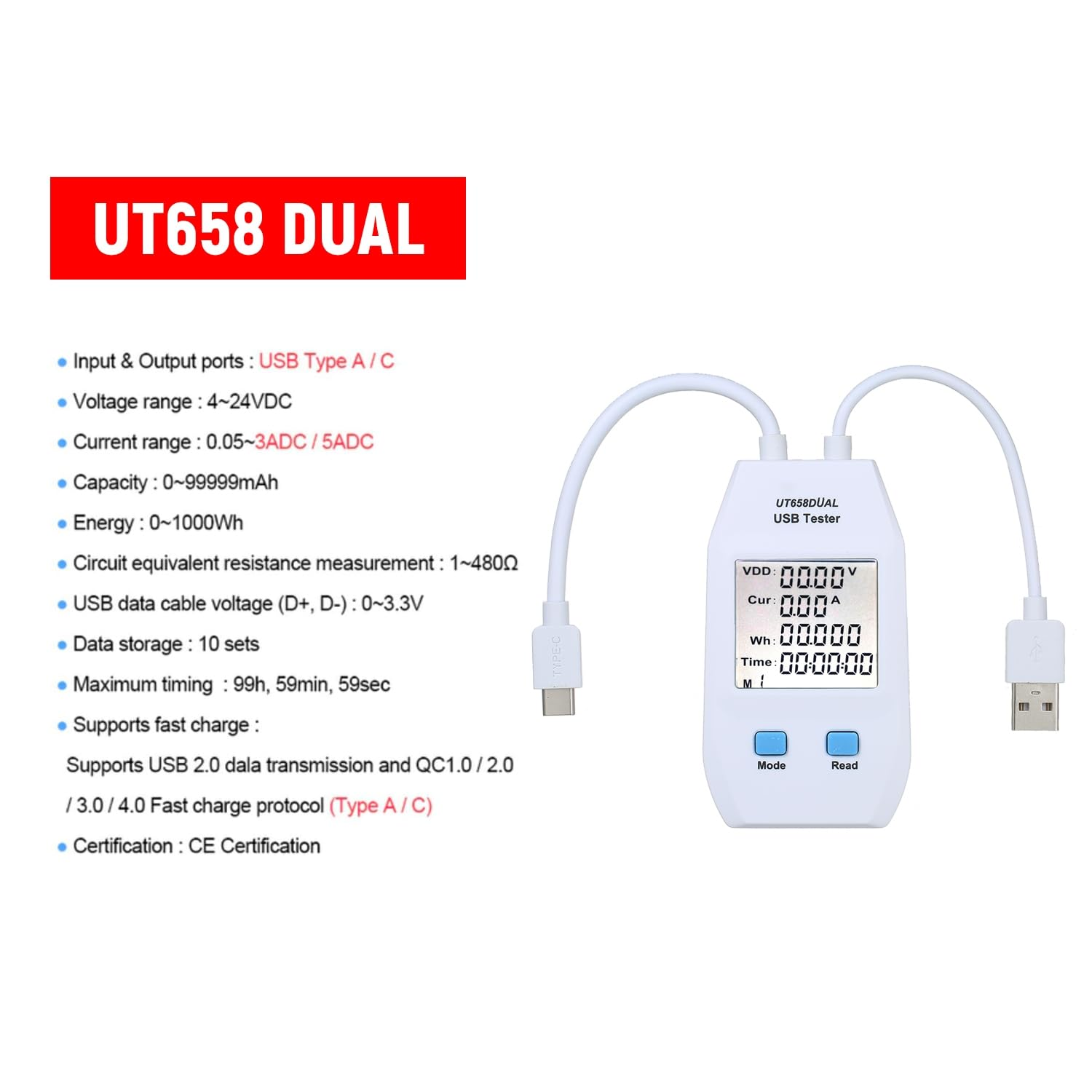 USB Power Meter LCD USB Tester Detector Voltmeter Ammeter Digital Power Capacity Tester (Ut658-Dual)